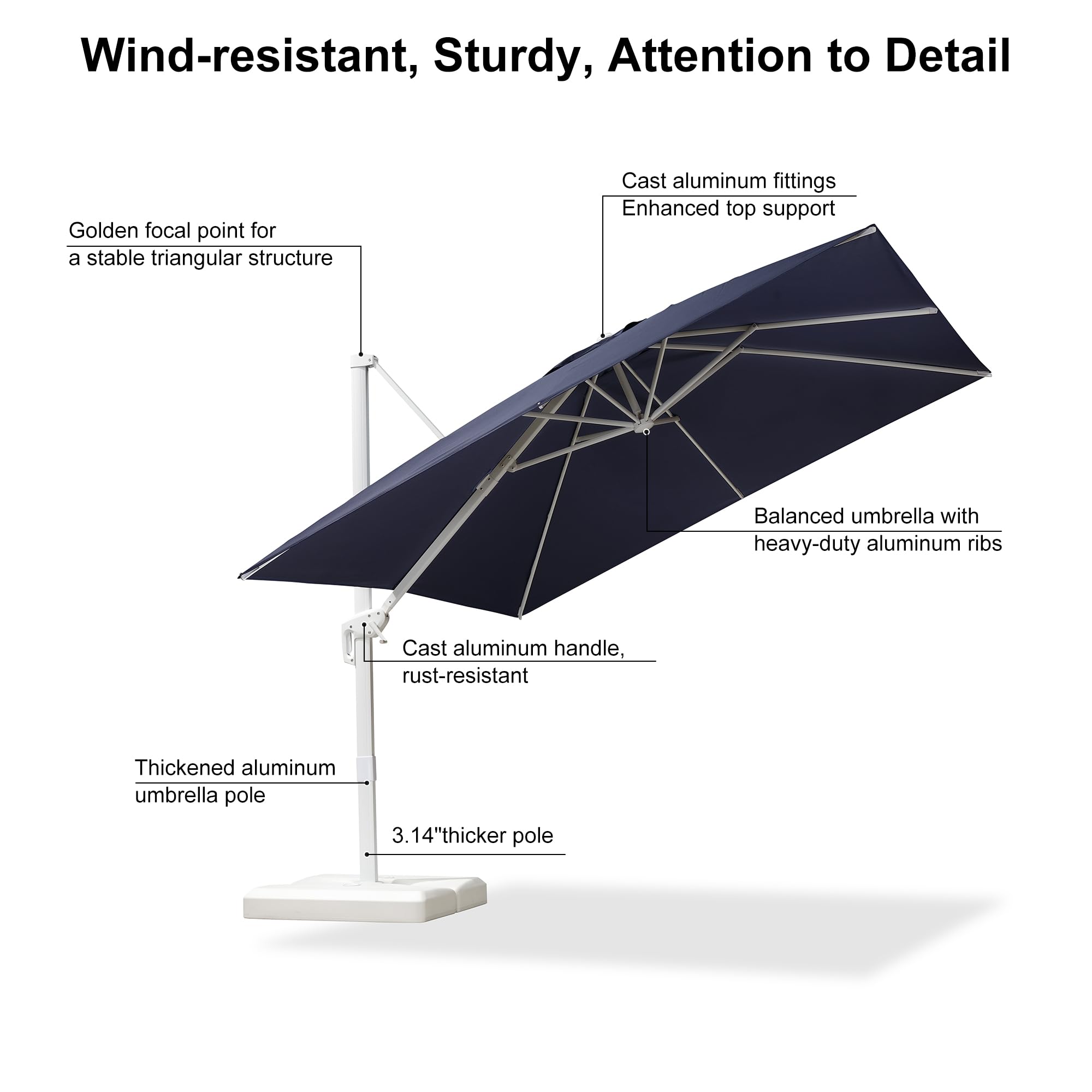 **PURPLE LEAF 10 FT White Cantilever Patio Umbrella - Aluminum Square Outdoor Offset Hanging Umbrella with 360° Rotation & Windproof Design for Garden, Deck, Pool (Navy Blue) - Perfect for Shade by Poolside, Outdoor Dining, and Backyard Relaxation**