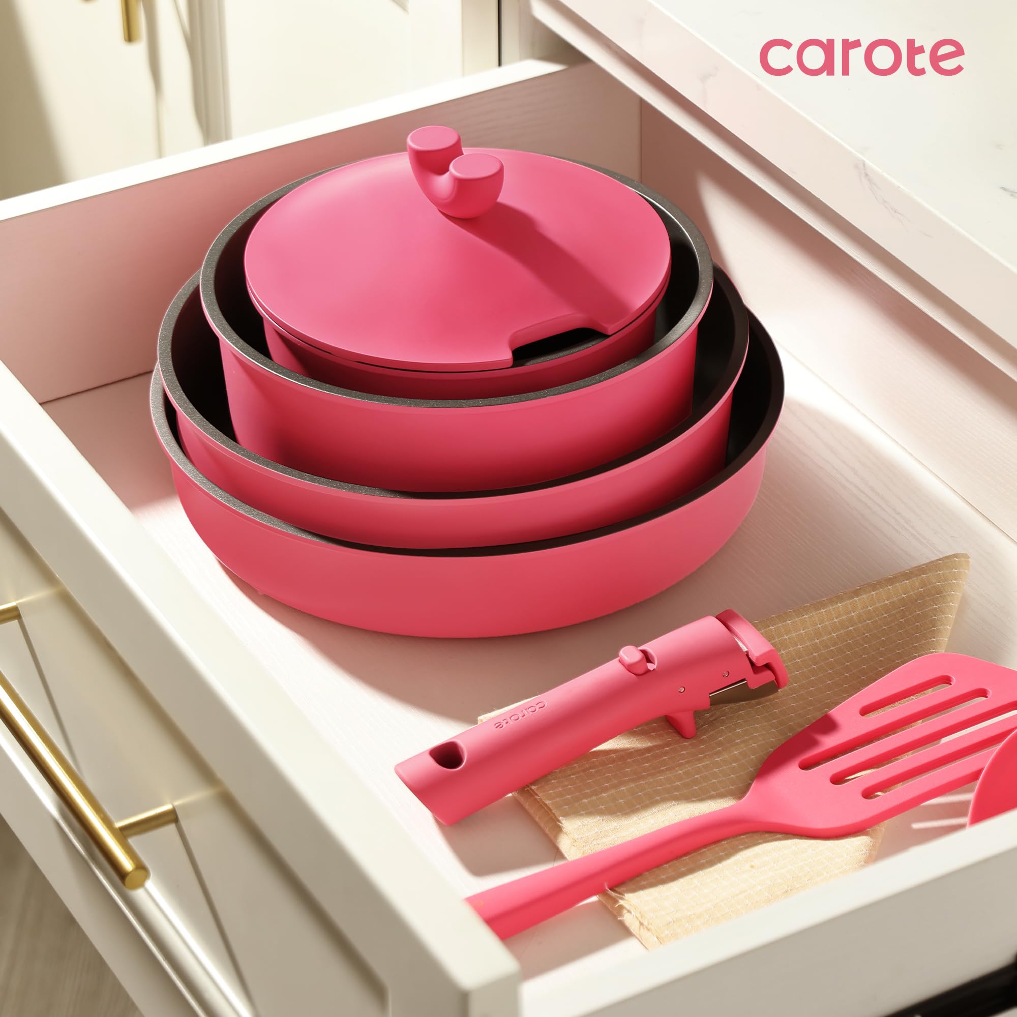 CAROTE 24-Piece Nonstick Pots and Pans Set - Oven, Dishwasher & Fridge Safe - Induction Compatible Cookware with Detachable Handles - Perfect for RV, Kitchen & Gifting (Pink) | Ideal for Home Cooking, Camping & Small Spaces