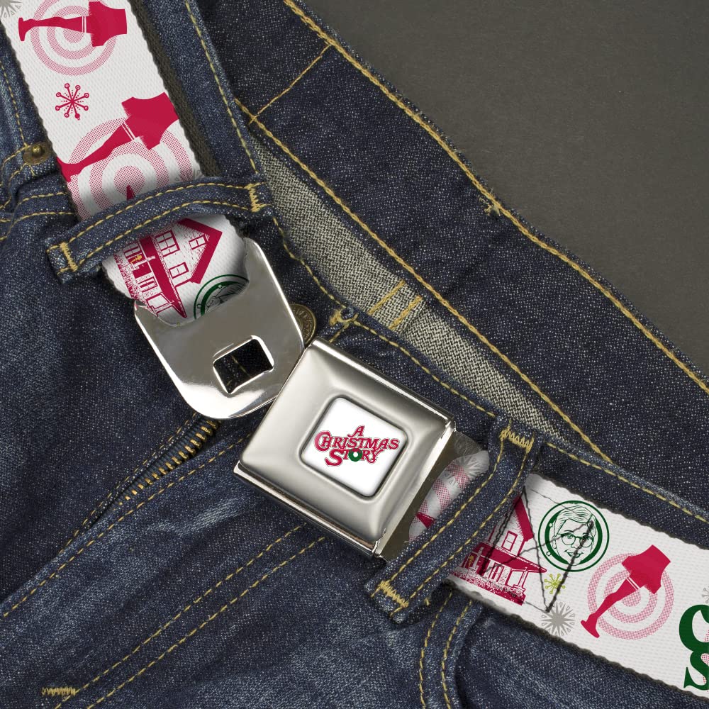 Warner Bros. Christmas Story Belt - Adjustable Seatbelt Buckle with Holiday Movie Icons in White, Red & Green - Perfect for Christmas Parties & Themed Events