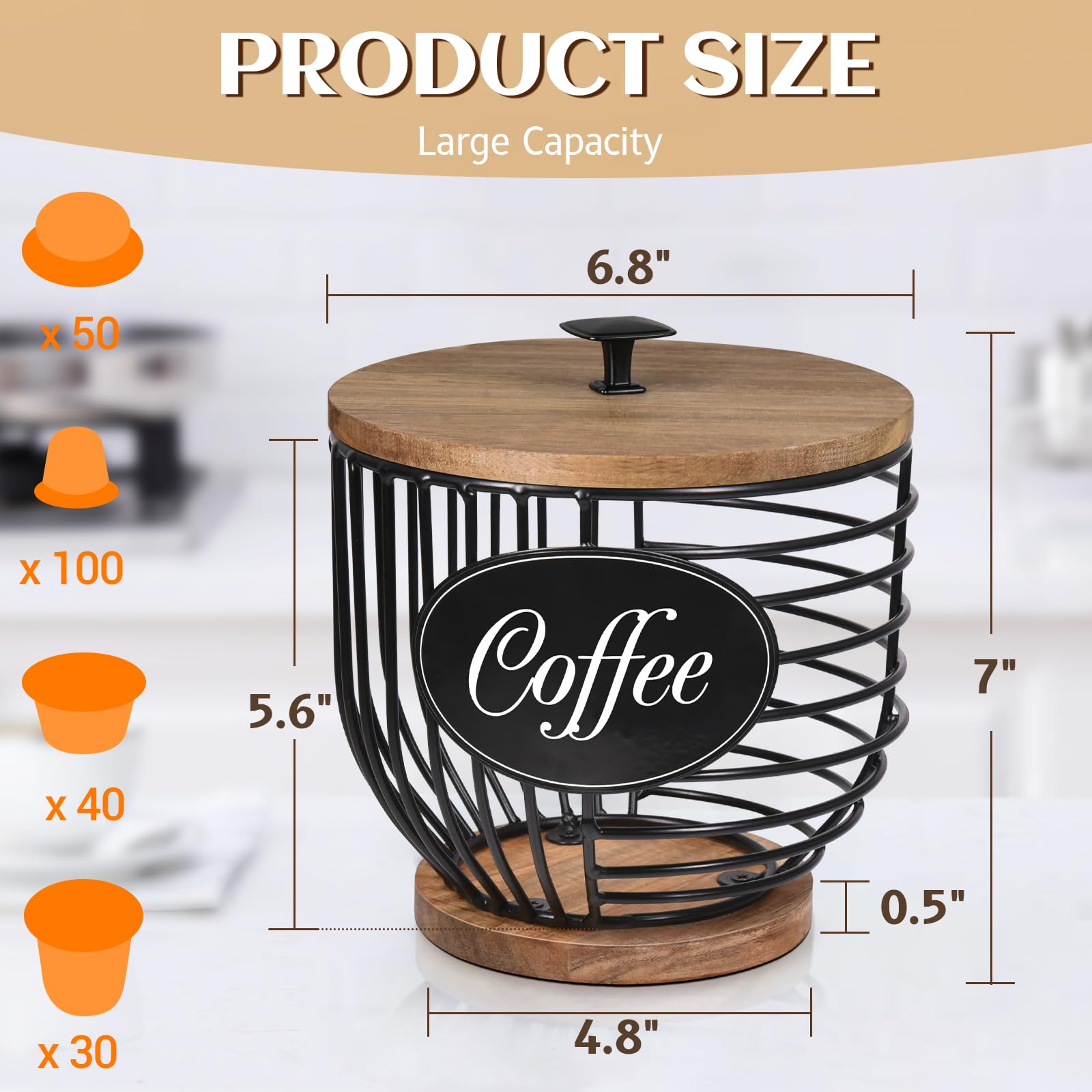 Rustic Coffee Pod Holder Organizer - Black Wire with Wood Base for Keurig K-Cups & Nespresso Capsules - Coffee Bar Accessories & Decor - Perfect for Kitchen Countertop & Coffee Station Organization