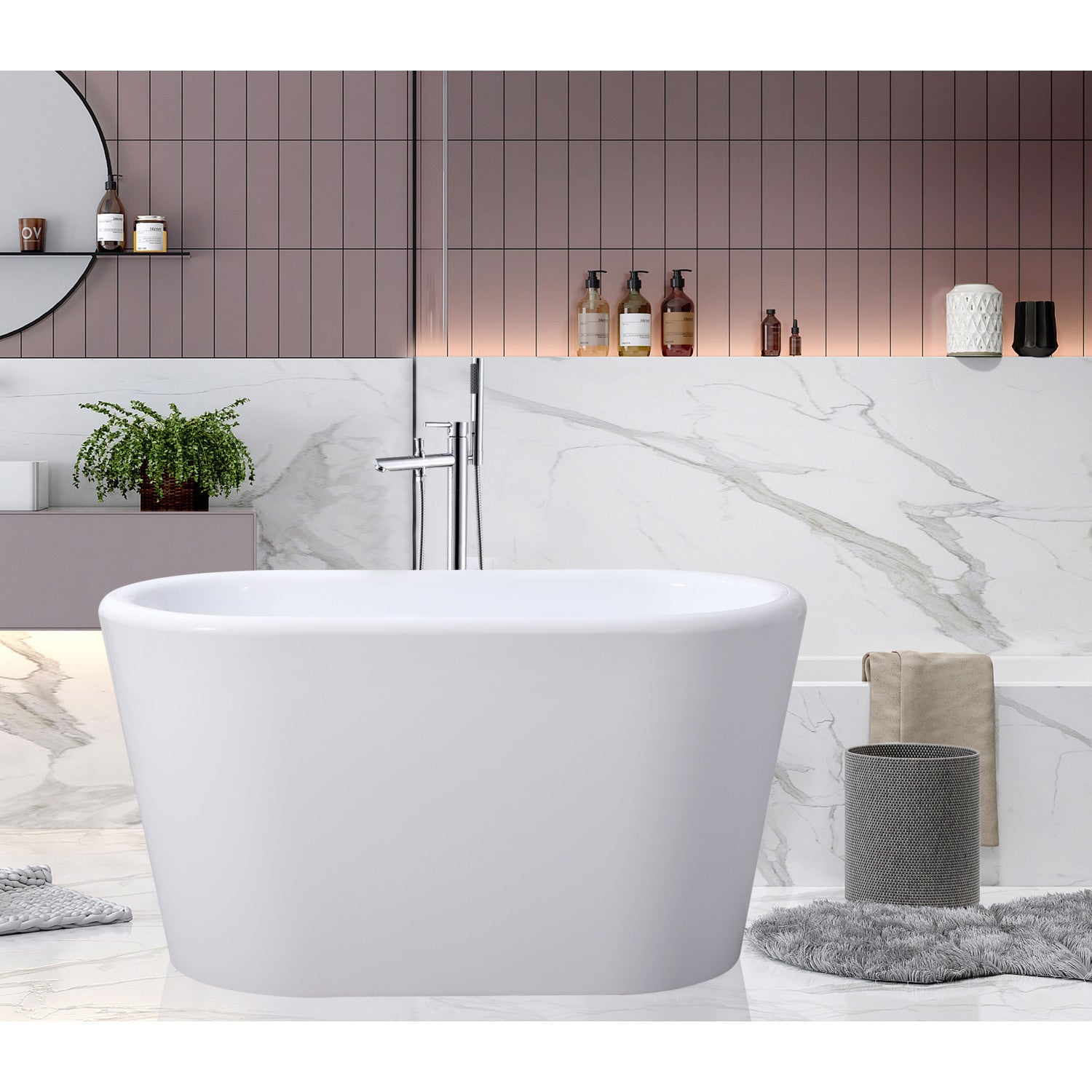 Aqua Eden 51 Inch Acrylic Oval Freestanding Bathtub - Double Ended Soaking Tub with Drain & Built-in Seat, Glossy White - Perfect for Luxury Bathroom & Spa Relaxation