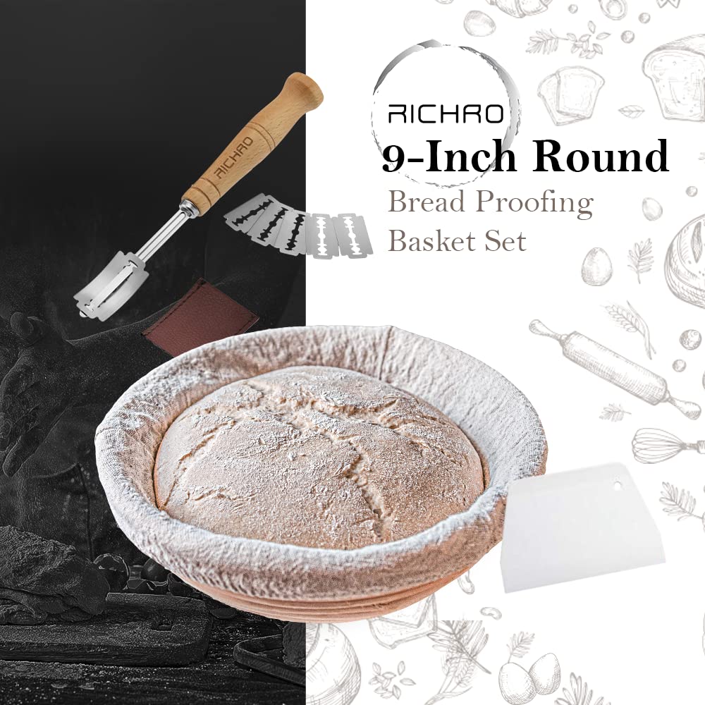 2 Pack 9 Inch Round Bread Proofing Baskets for Sourdough Bread Baking - Banneton Bread Basket Set with Lame, 5 Blades, Dough Scraper & Liner Cloth - Perfect for Artisan Sourdough, Homemade Bread & Baking Enthusiasts