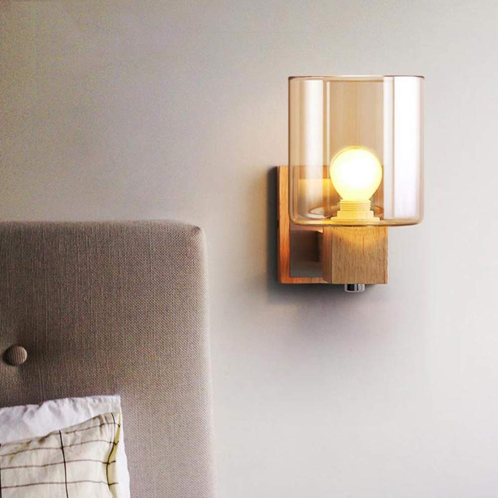 PEHUB Simple Glass Solid Wood Wall Lamp - Creative Rustic Bedside Lighting Fixture with E27 Socket for Living Room, Bedroom, Hallway - Perfect for Cozy Ambiance & Night Reading