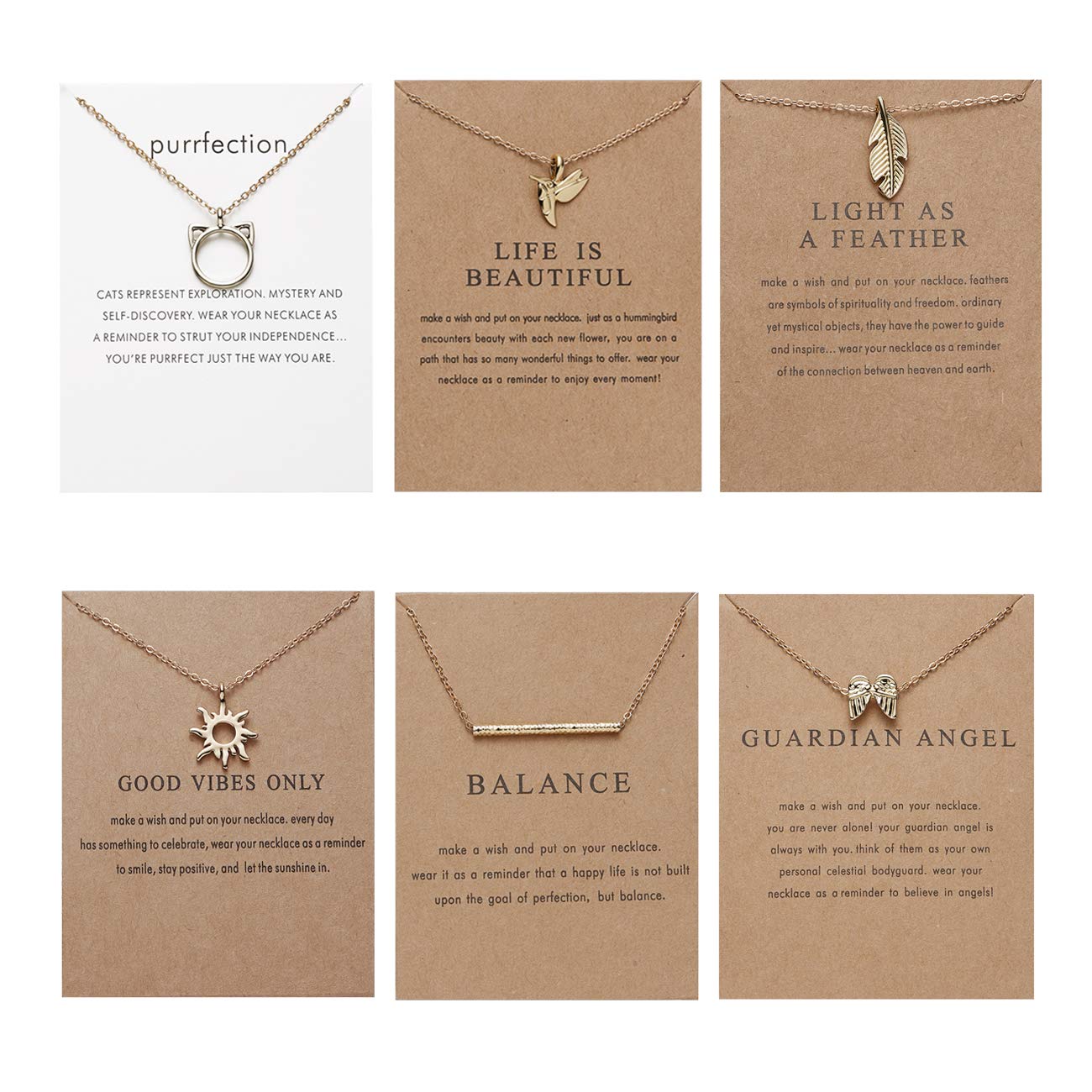 6 Pcs Friendship Necklaces for Girls - Dainty Best Friend Jewelry Set with Gold Cat, Angel Bar & Sun Hummingbird Pendants - Meaningful Gift for Women, Girlfriend, Sister | Perfect for Birthdays, Anniversaries & Valentine's Day