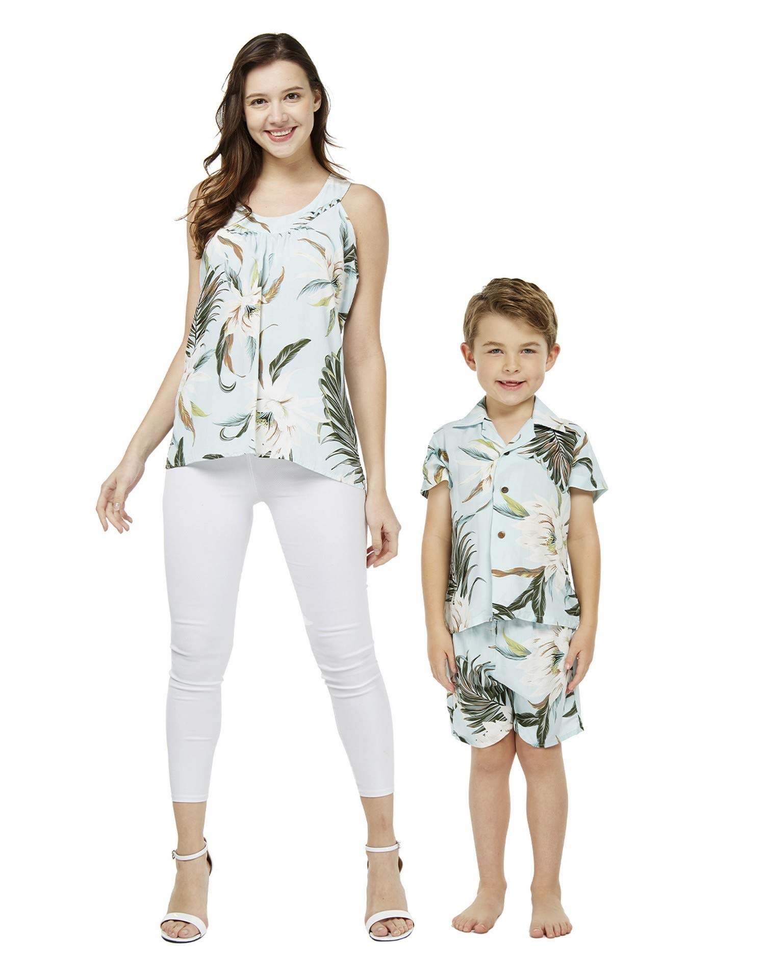 Matching Mother Son Hawaiian Luau Outfit - Tropical Floral Print Black Shirt for Beach Party & Summer Vacation