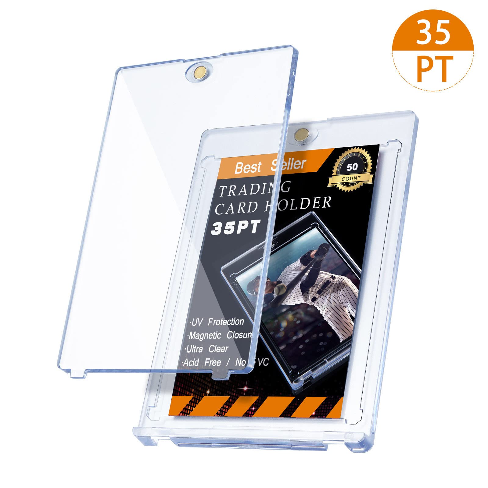 50-Pack Magnetic Card Holders for Trading Cards - 35 Pt Hard Plastic Protector Cases for Standard Size Baseball, Football & Sports Cards - Perfect for Collecting, Storing & Displaying Valuable Cards (Home, Office, Game Room Use)