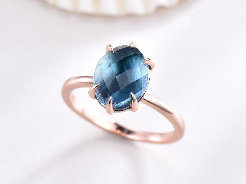 Vintage 10x8mm Oval Cut London Blue Topaz Engagement Ring in Rose Gold - Elegant Wedding Band for Women, Perfect for Proposals, Anniversaries & Special Occasions