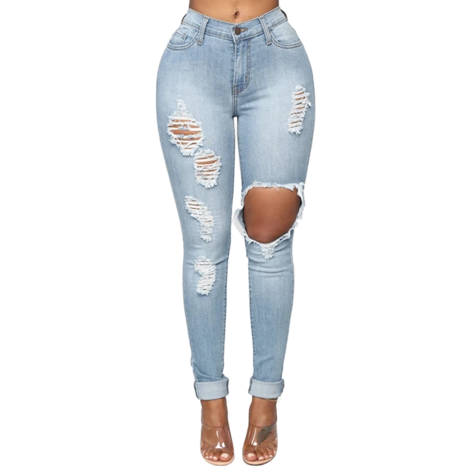 Women's Stretch Ripped Skinny Jeans - High Waist Slim Fit Denim Pants for Everyday Casual Wear & Night Out