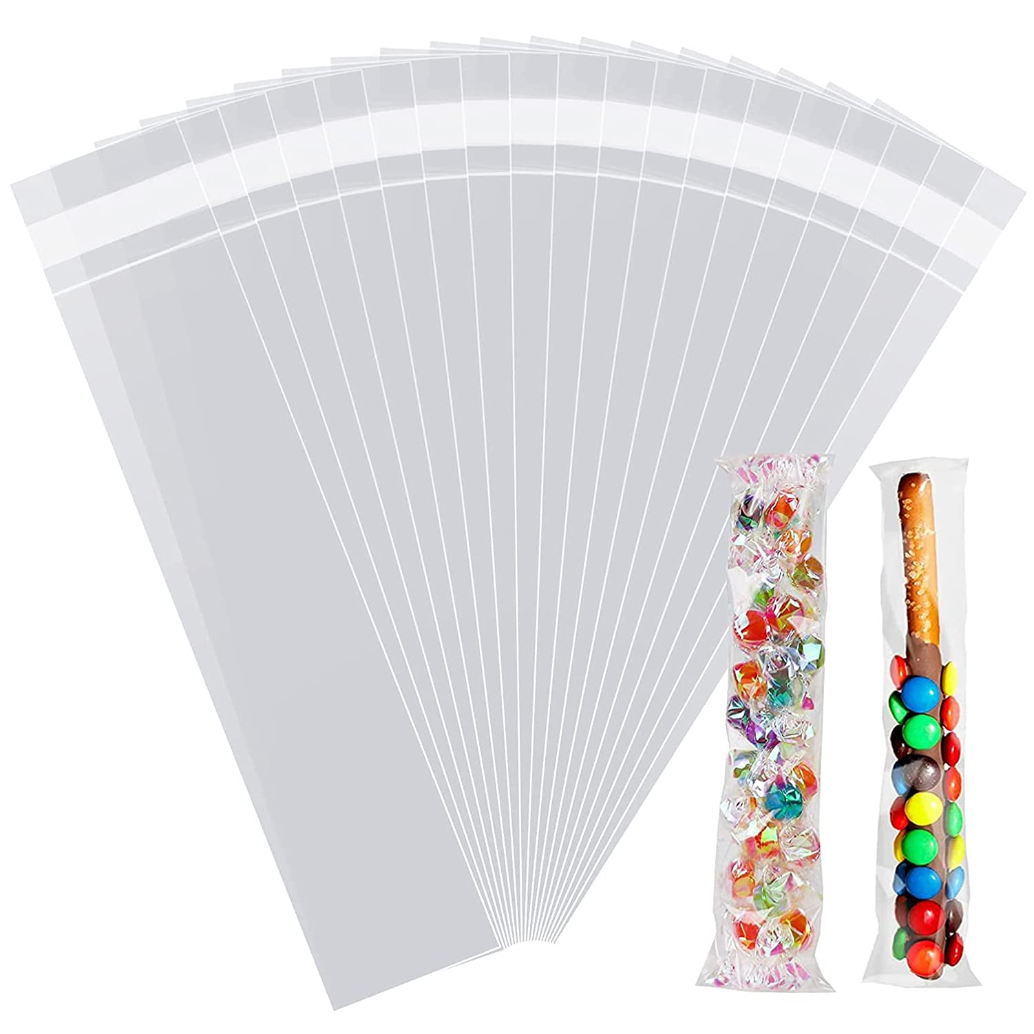100-Pack 2x10 Inch Clear Resealable Cellophane Bags for Treats, Cookies & Candy - Self-Sealing Adhesive Plastic Bags (1.3 Mil) - Perfect for Small Business Packaging, Gift Wrapping & Party Favors