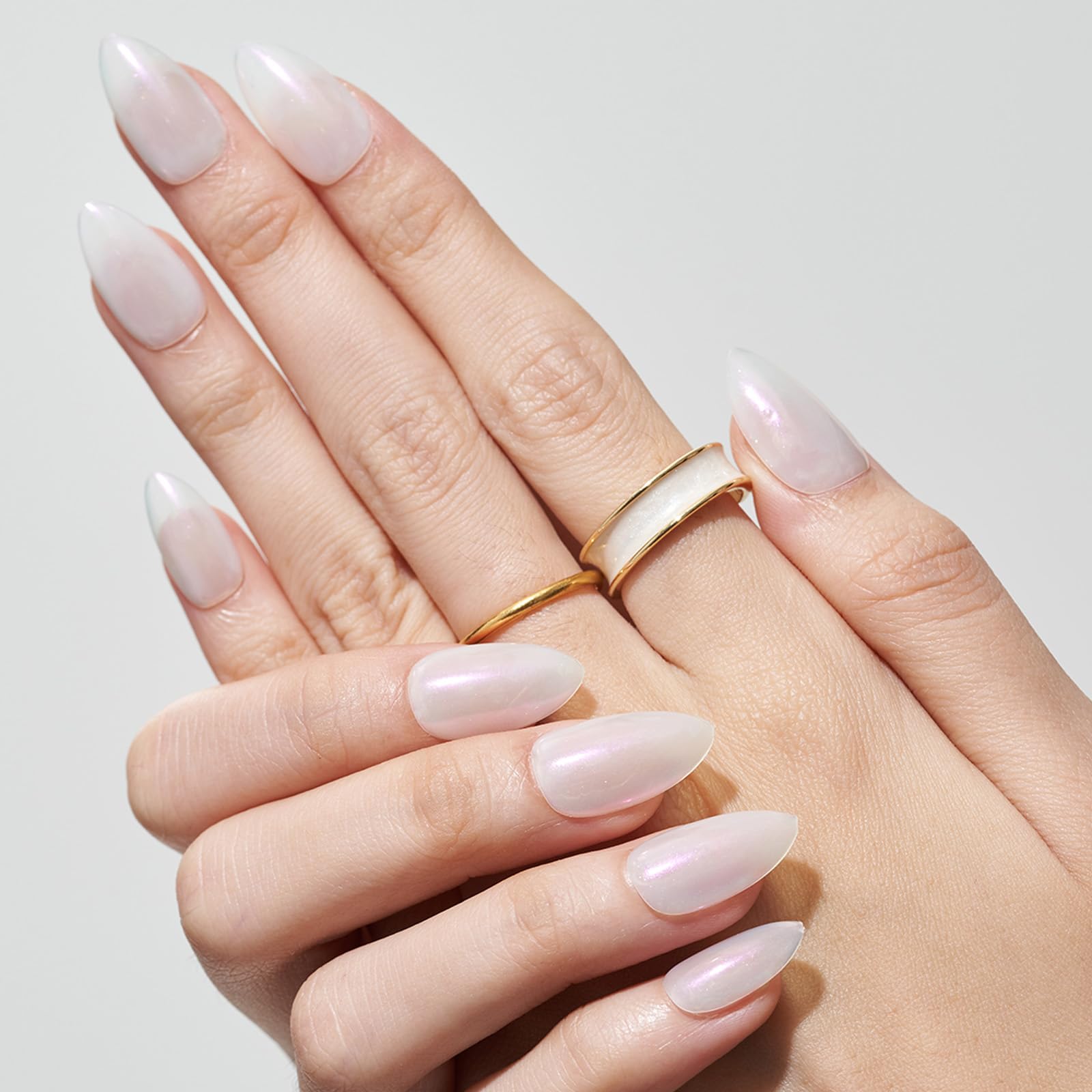 GLAMERMAID Short Almond Press on Nails - 24Pcs White Pearl Mermaid Chrome Fake Nails with Glossy UV Finish | Reusable Acrylic False Nails Manicure Kit for Women | Perfect for Spring Parties, Weddings & Everyday Glam