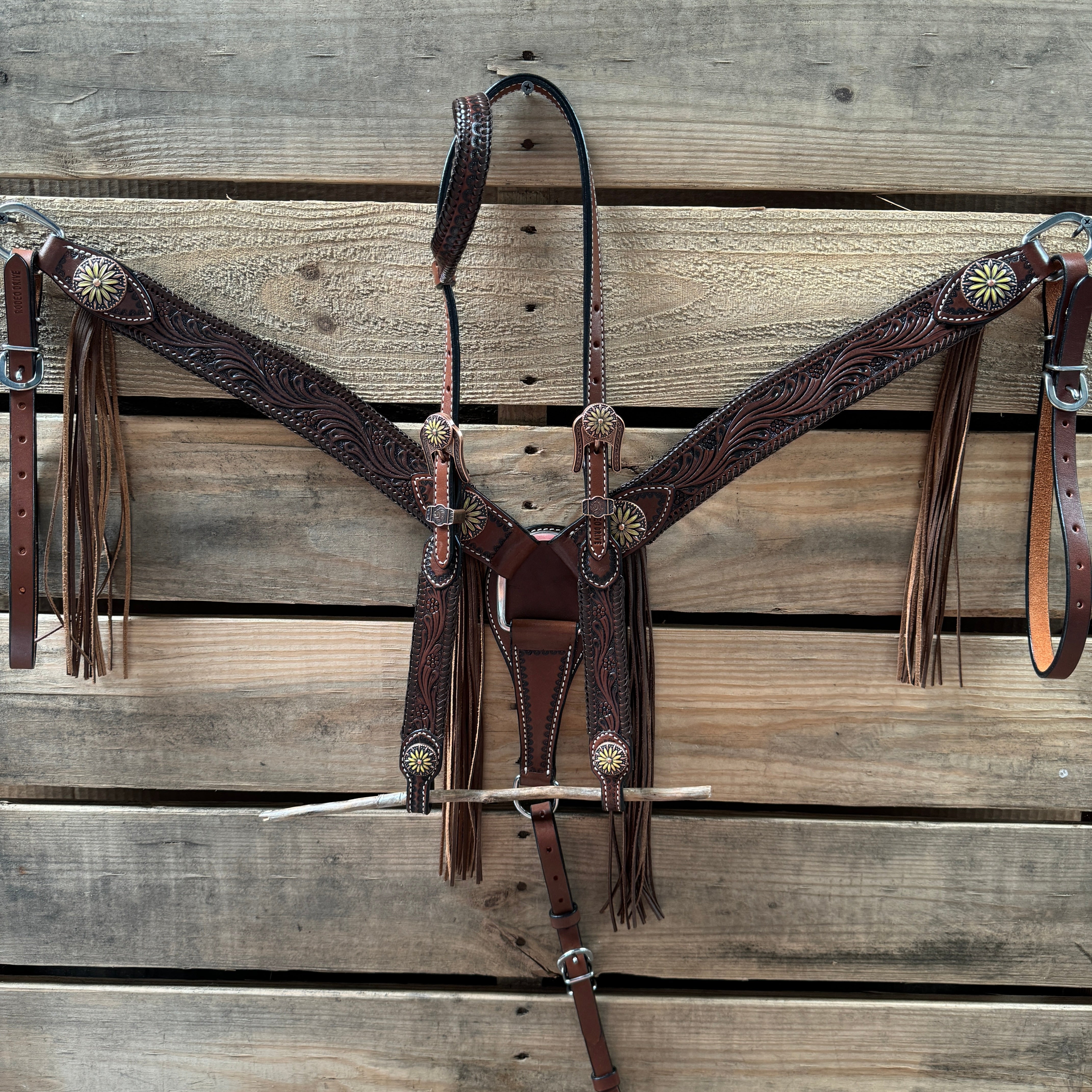 Premium Dark Oil Braided Sunflower Browband & One-Ear Breastcollar Tack Set for Horses - Durable Equestrian Riding Gear for Show, Trail & Dressage | Model #BBBC649