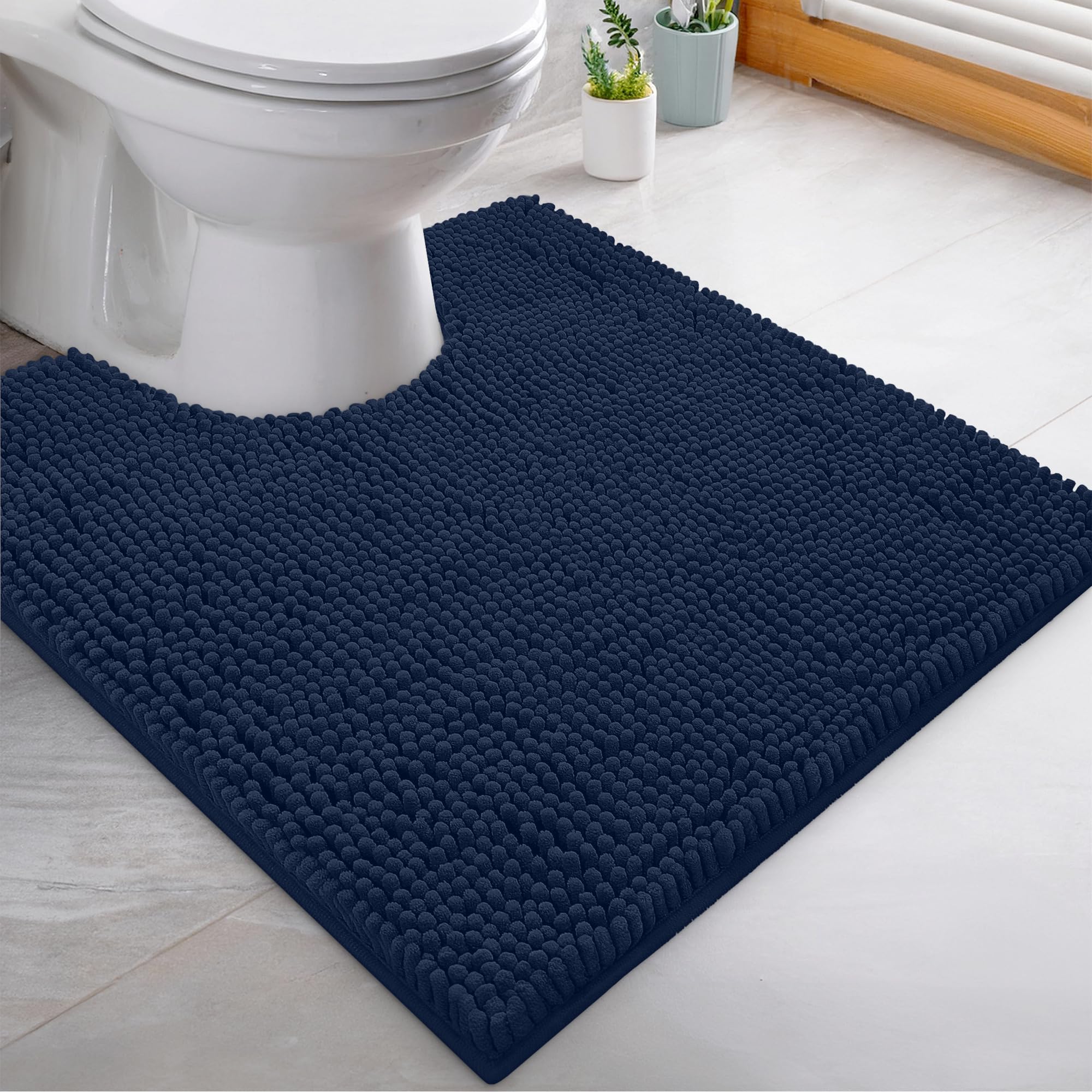 LuxUrux U-Shaped Toilet Bath Mat - Super Absorbent Non-Slip Contoured Rug for Toilet Base, Soft Plush Chenille Fabric, Machine Washable (20x20 Inches, Navy Blue) | Perfect Bathroom Floor Mat for Toilet Area, Prevents Slips & Absorbs Water Quickly
