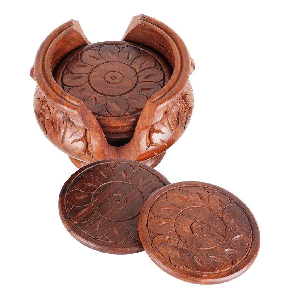 Handmade Wooden Coaster Set of 6 with Decorative Holder - Natural Carved Tabletop Drink Coasters for Coffee, Tea, Beer & Wine Glasses - Perfect for Home, Office & Bar Use