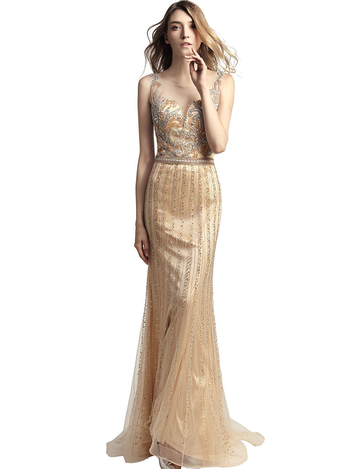Sarahbridal Women's Champagne Beaded Tulle Prom Dress - Elegant Long Formal Evening Gown for Pageants, Parties, and Special Occasions | Perfect for Homecoming, Quinceañera, and Wedding Guest Attire