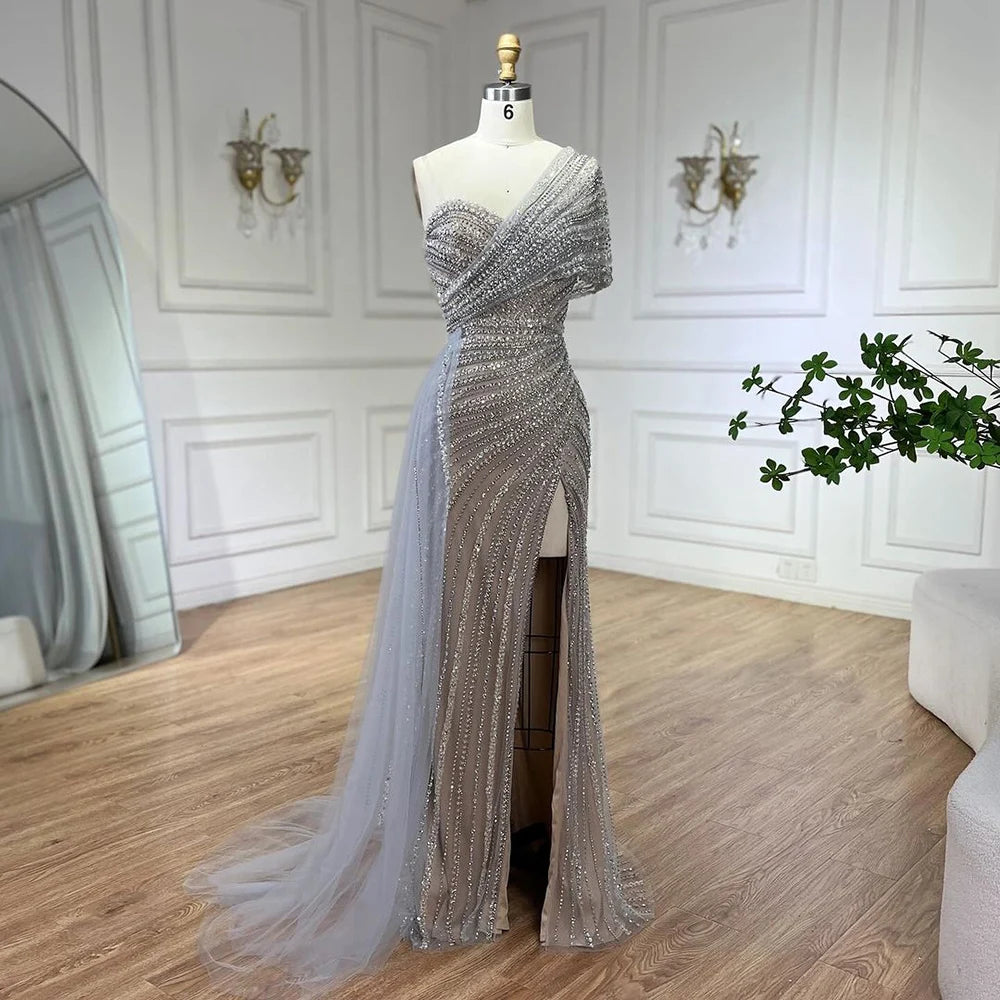 Elegant Green Mermaid One Shoulder Beaded Evening Gown for Women - High Slit Formal Dress for Wedding, Party & Special Occasions | Perfect for Prom, Red Carpet & Cocktail Events