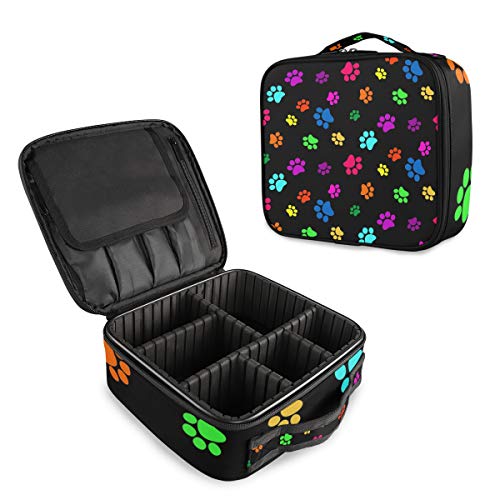 Colorful Paw Print Makeup Train Case - Portable Cosmetic Organizer with Adjustable Dividers for Travel, Home & Professional Use | Waterproof Storage Bag for Brushes, Eyeshadow & Beauty Essentials