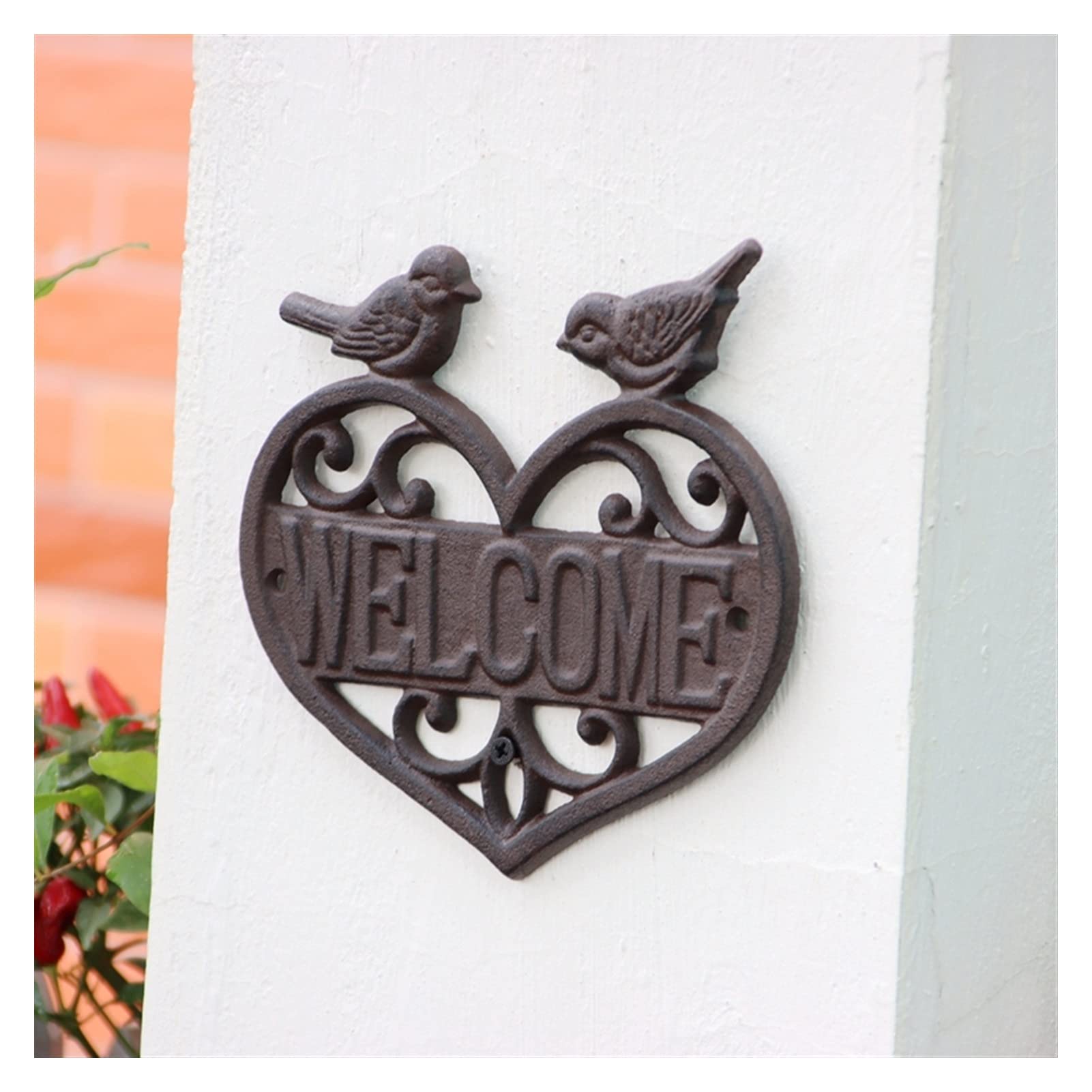 Vintage Cast Iron Welcome Sign with Little Bird & Heart Design - Rustic Wall Mount Door Hanging for Home Entryway, Porch, Garden Gate & Farmhouse Decor