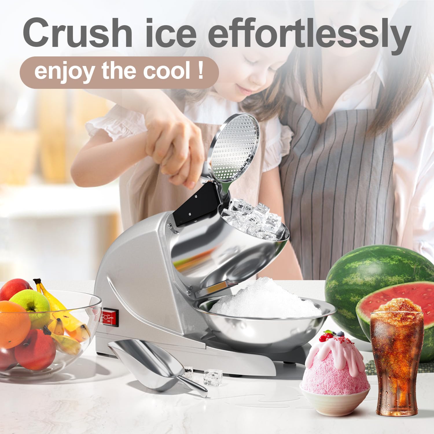 **380W Electric Ice Shaver Machine - Stainless Steel Snow Cone Maker with 3 Blades, 280lbs/hr High Capacity for Home & Commercial Use (Silver) - Perfect for Parties, Events, and Frozen Treat Shops**