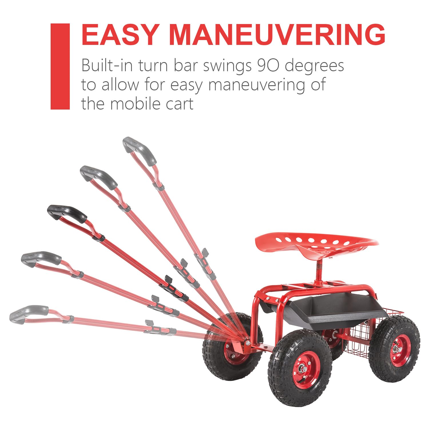**360° Swivel Rolling Garden Seat with Wheels - Adjustable Garden Cart with Tool Tray & Storage Basket, Red - Perfect for Gardening, Landscaping & Outdoor Work**