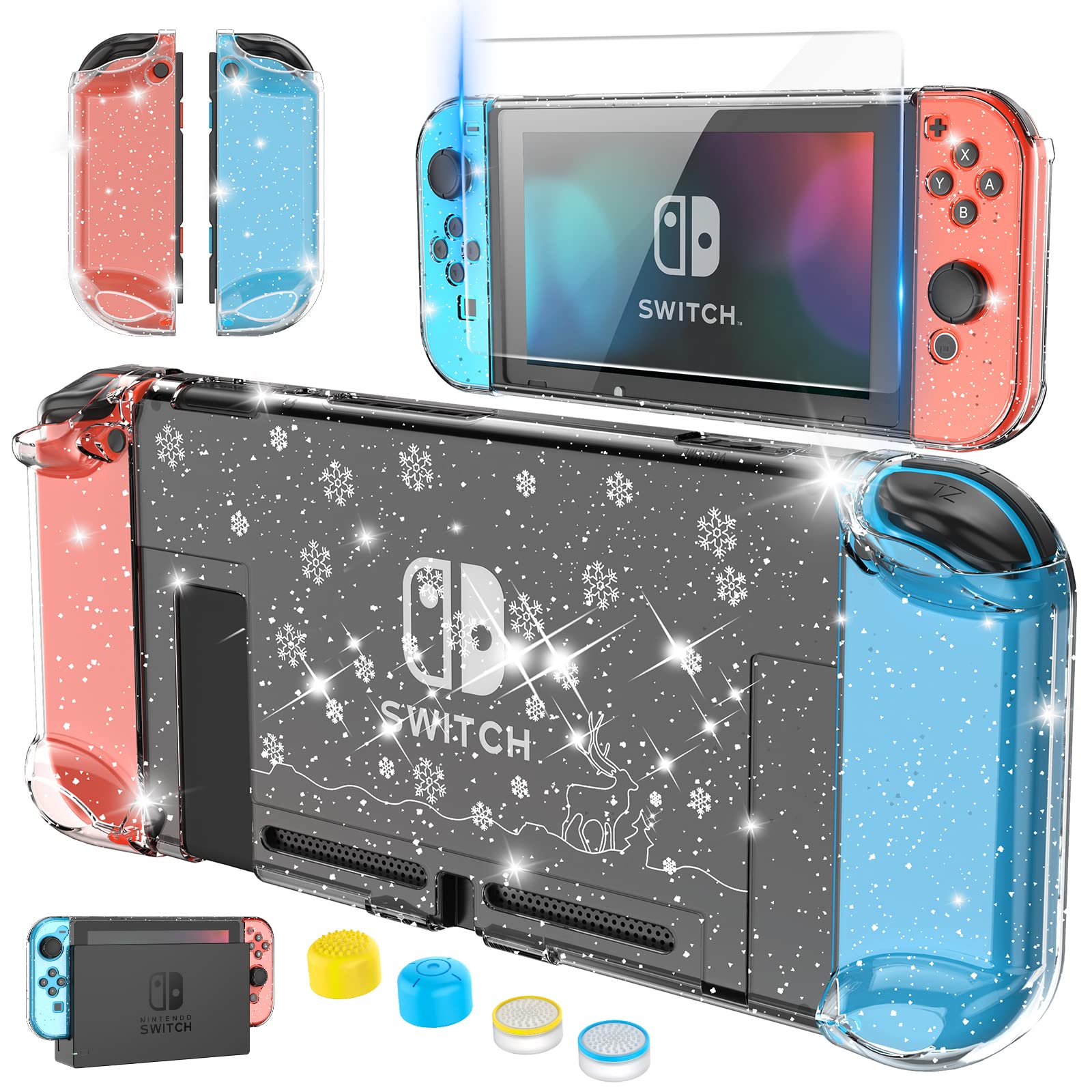 HEYSTOP Clear Protective Case for Nintendo Switch with Dockable Cover, Tempered Glass Screen Protector & 4 Thumb Grips (Snow White) - Perfect for Gaming, Travel & Console Protection