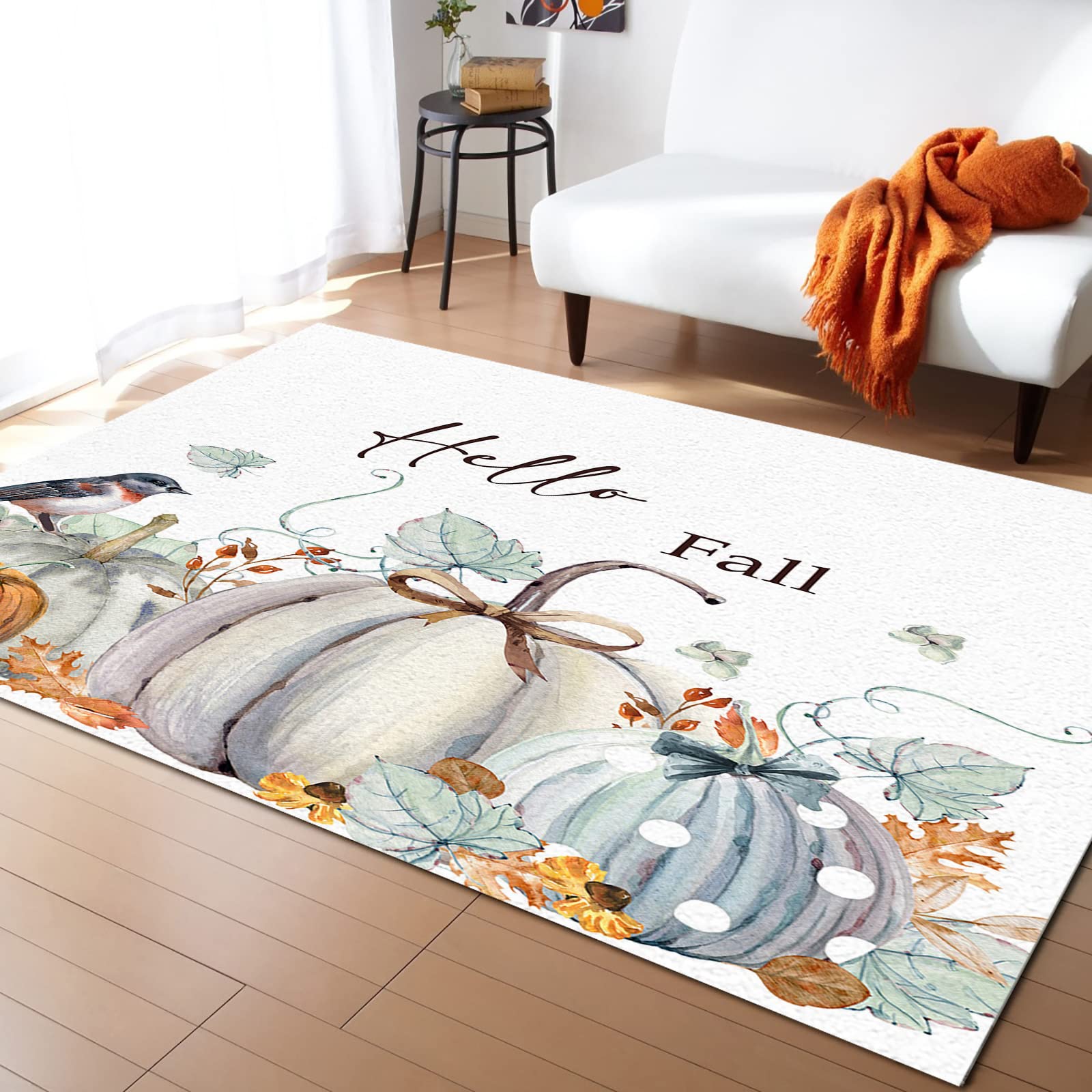 5'x8' Fall Thanksgiving Rustic Pumpkin Leaf Bird Watercolor Area Rug - Extra Large Washable Indoor/Outdoor Carpet for Bedroom, Living Room, Bathroom, Office & Kitchen | Perfect for Kids, Teens & Family Decor