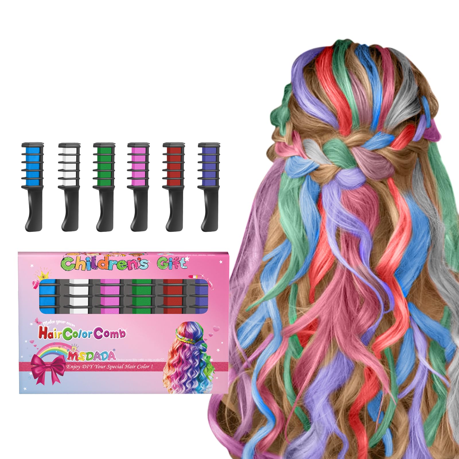 MSDADA Washable Hair Chalk Comb - Temporary Hair Color Dye for Kids & Girls (Ages 4-10) | Light Hair Friendly, Birthday Gift, Cosplay & Easter Stocking Stuffer | DIY Fun for Parties & Special Occasions