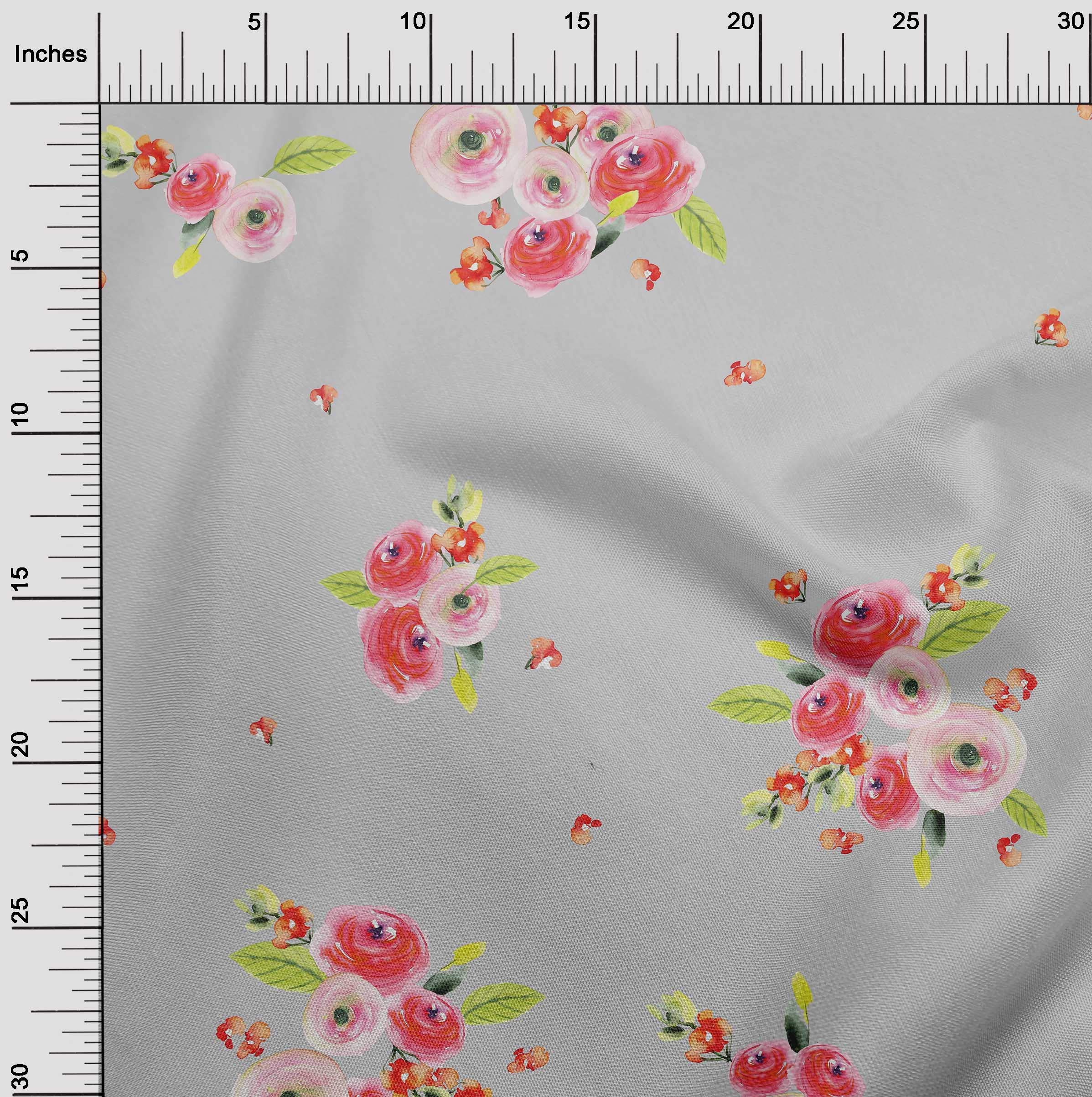 Premium Cotton Poplin Fabric - Leaves & Peach Floral Watercolor Print - 56