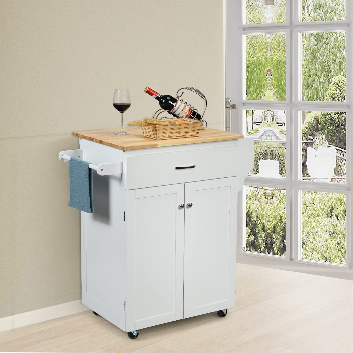 PETSITE Kitchen Island Cart with Wheels - Rolling Mobile Kitchen Storage Cabinet with Drawers, Spice Rack & Towel Rack - Perfect for Small Kitchens, Apartments & Food Prep Stations