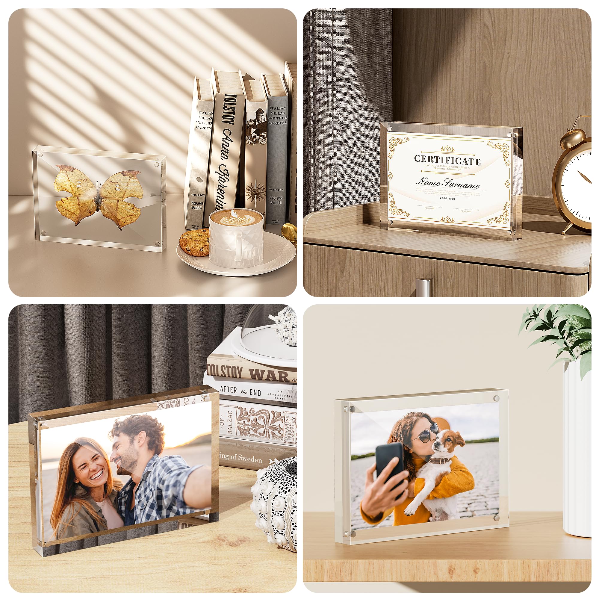 8x10 Acrylic Picture Frames 2 Pack - 20% Thicker Clear Magnetic Photo Frames, Double Sided Freestanding Frameless Display for Desk, Wall or Tabletop - Perfect for Office Decor, Family Photos & Artwork Display
