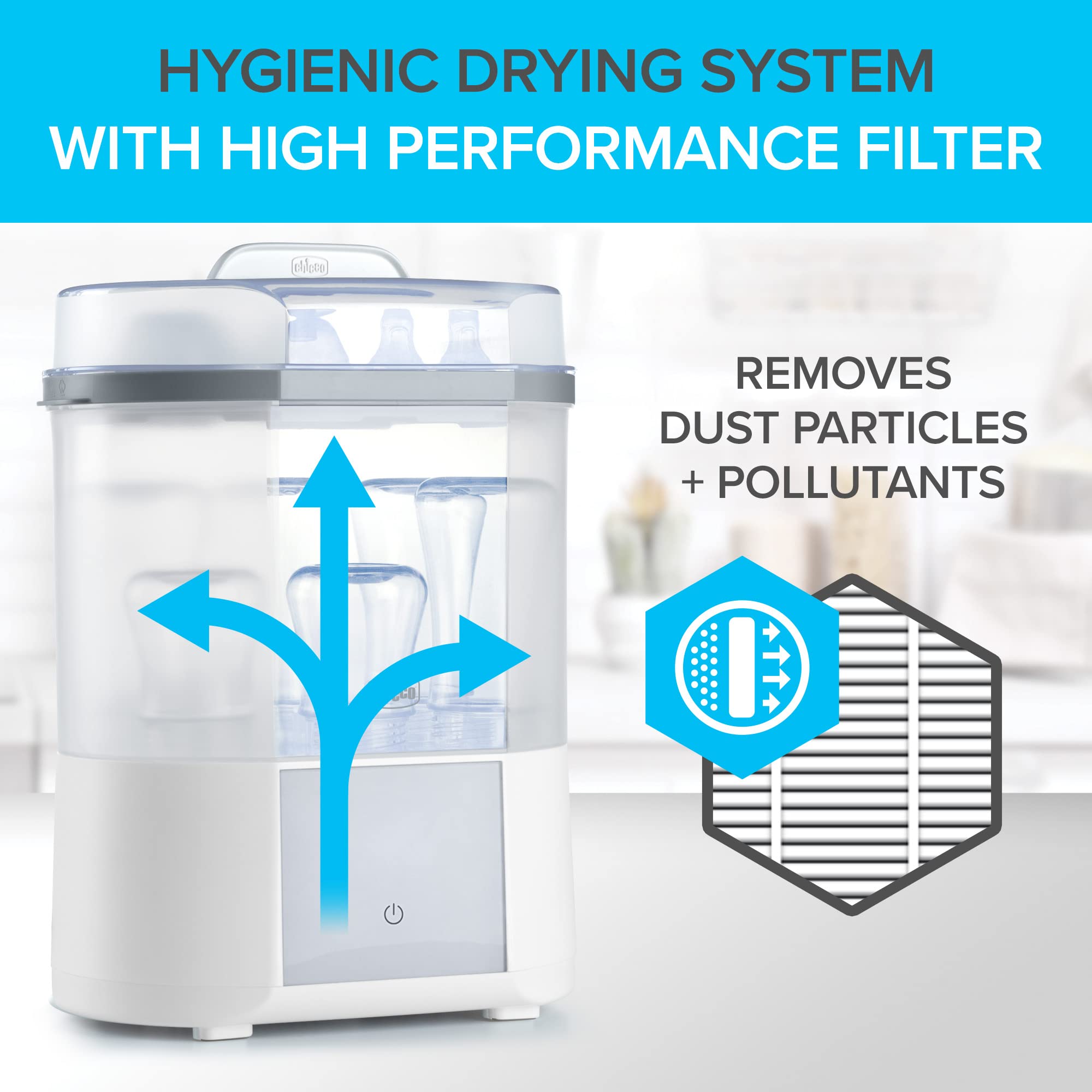 Chicco Advanced Electric Baby Bottle Sterilizer & Dryer - 99.9% Germ Elimination, 4 Programs, 2 Configurations | Automatic Shut-Off | Perfect for Nursery, Daycare & Travel | Fast Sterilization for Bottles, Pacifiers & Breast Pump Parts