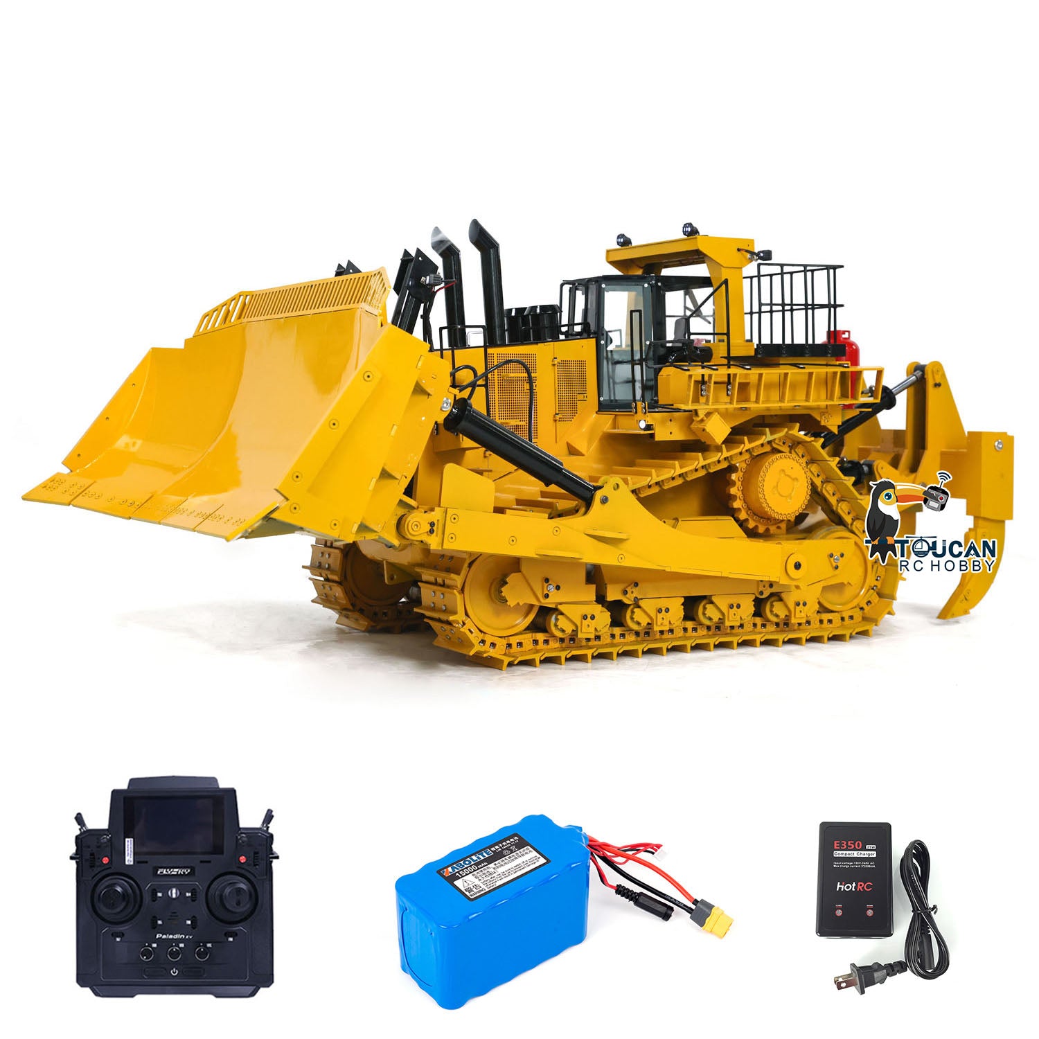 TOUCAN 110KG D11T 1/10 Scale RC Hydraulic Bulldozer - Heavy Duty Metal Remote Control Construction Dozer with 3 Plows - Ready to Run for Backyard Construction, Crawler Tractor Racing & RC Enthusiasts