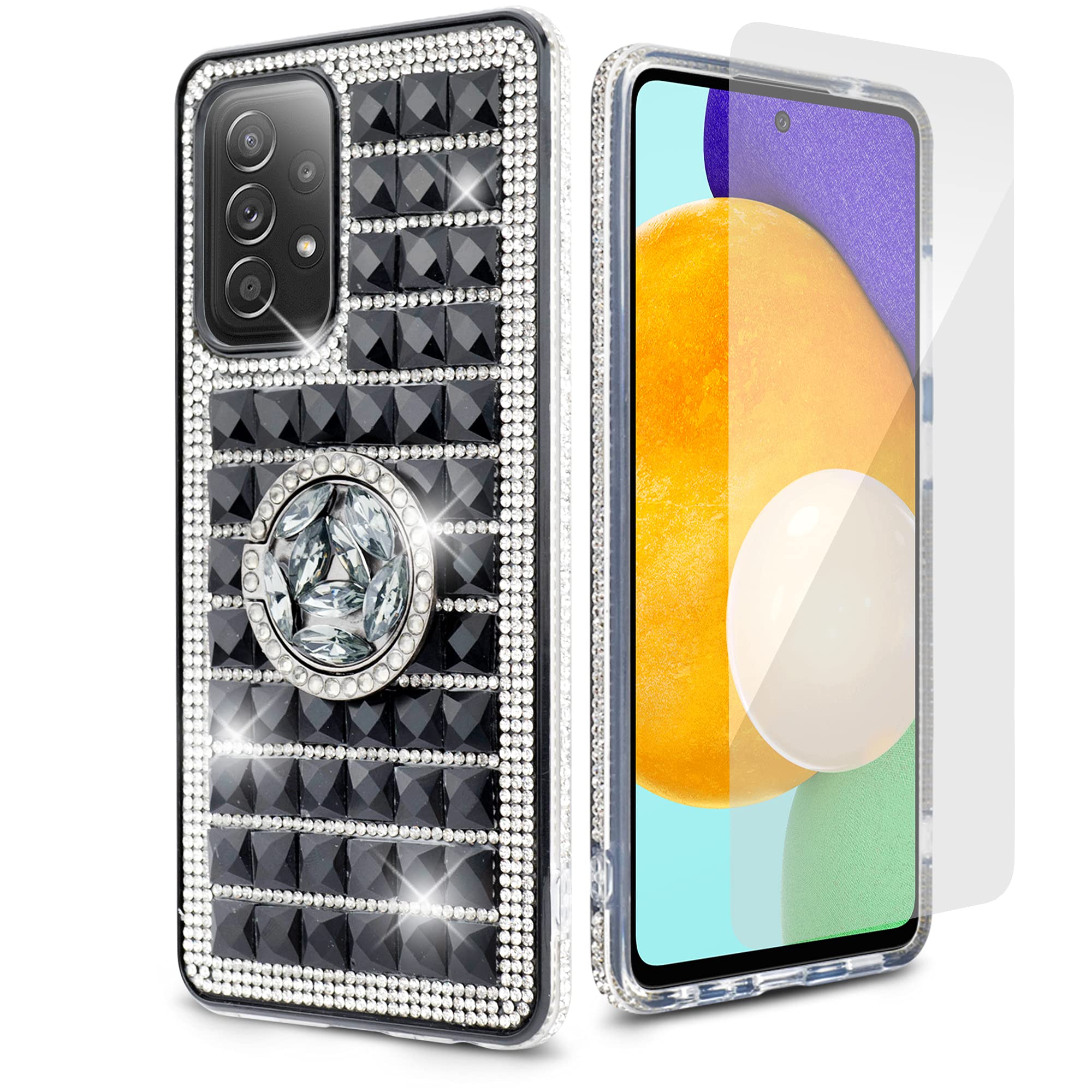 Samsung Galaxy A52 Case with Diamond Ring & Tempered Glass - Slim Bling Glitter Shockproof Protective Cover | Military Grade Hard PC & Silicone Hybrid Case (Black) - Perfect for Everyday Use, Parties & Special Occasions