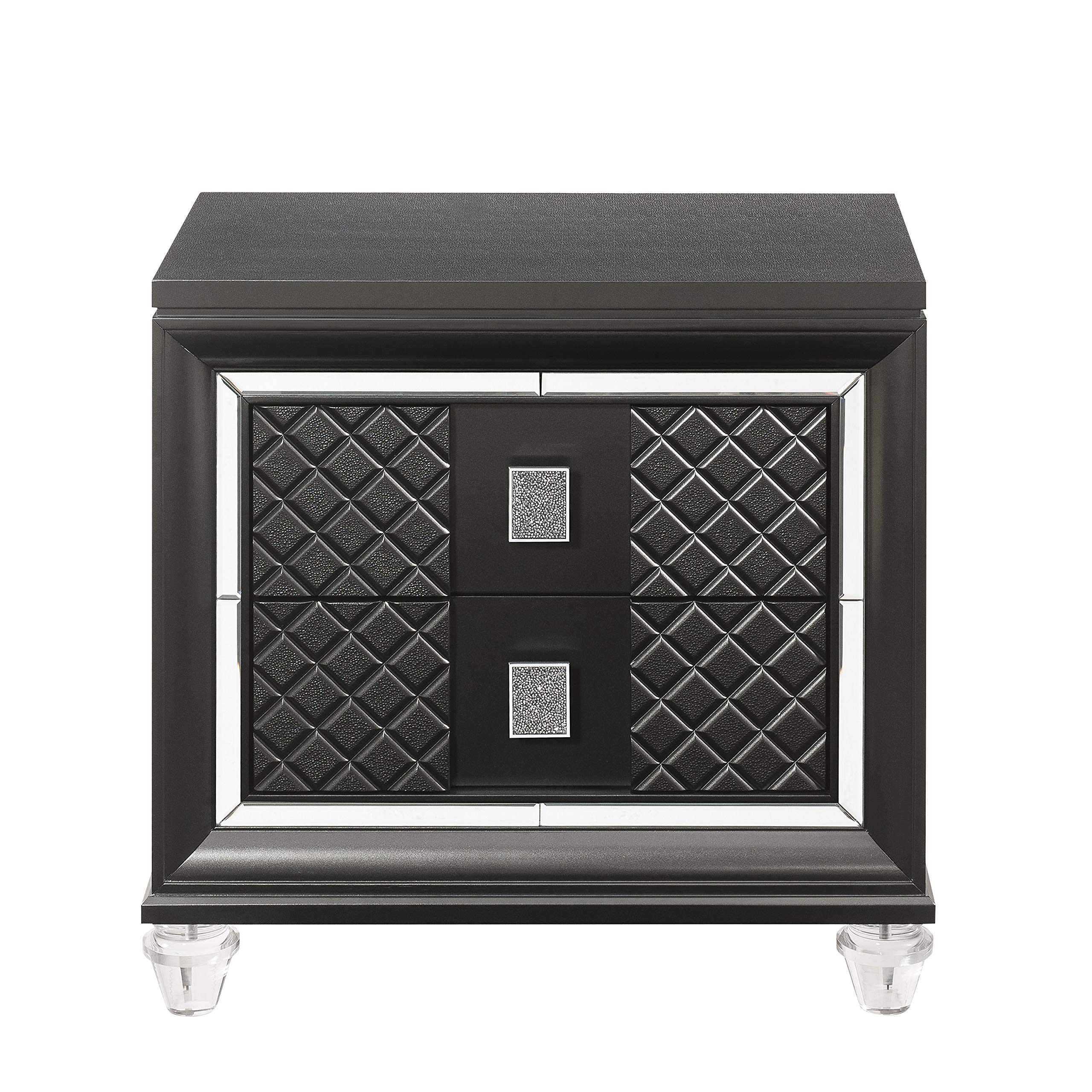 Benjara 2 Drawer Wooden Nightstand with Mirror Accents & Diamond Pattern - Black Bedside Table for Bedroom, Living Room, or Guest Room - Modern Nightstand with Storage for Home Decor