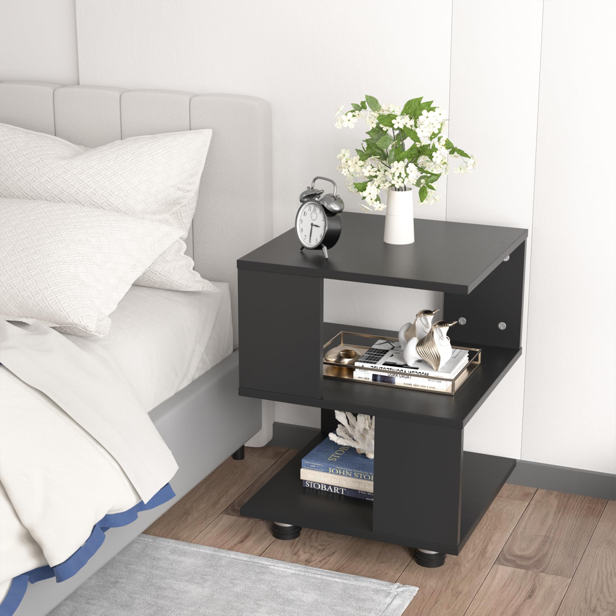 Jerry & Maggie 2-Pack Modern Nightstand Set - Mid Century Wood Bedside Cabinets for Bedroom, Black | Perfect for Small Spaces, Guest Rooms & Apartment Decor