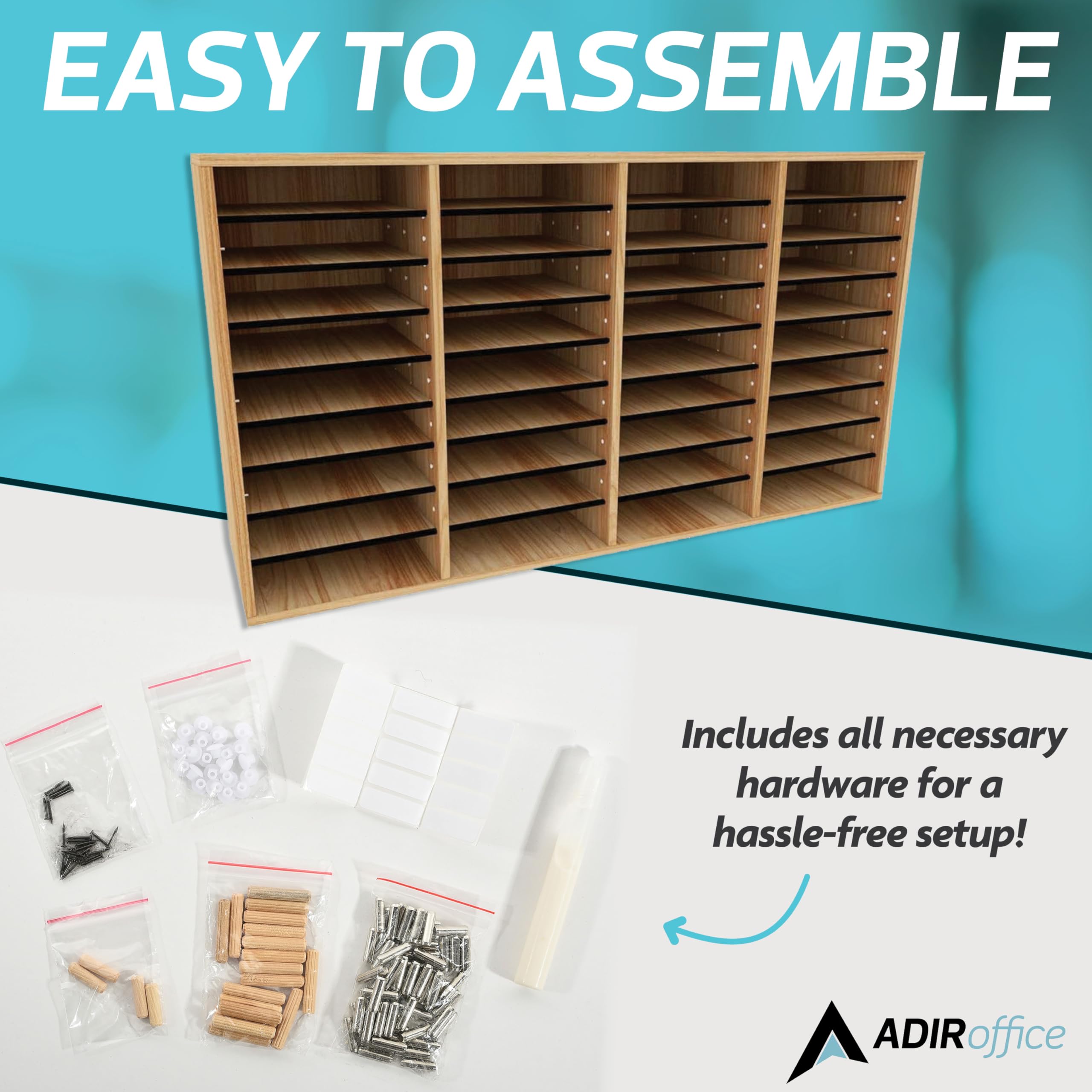 AdirOffice Wooden Adjustable Literature Organizer - 36 Compartment Office Mailbox for Classroom & Home Organization - Medium Oak Finish - Perfect for Teachers, Offices & Home Desks