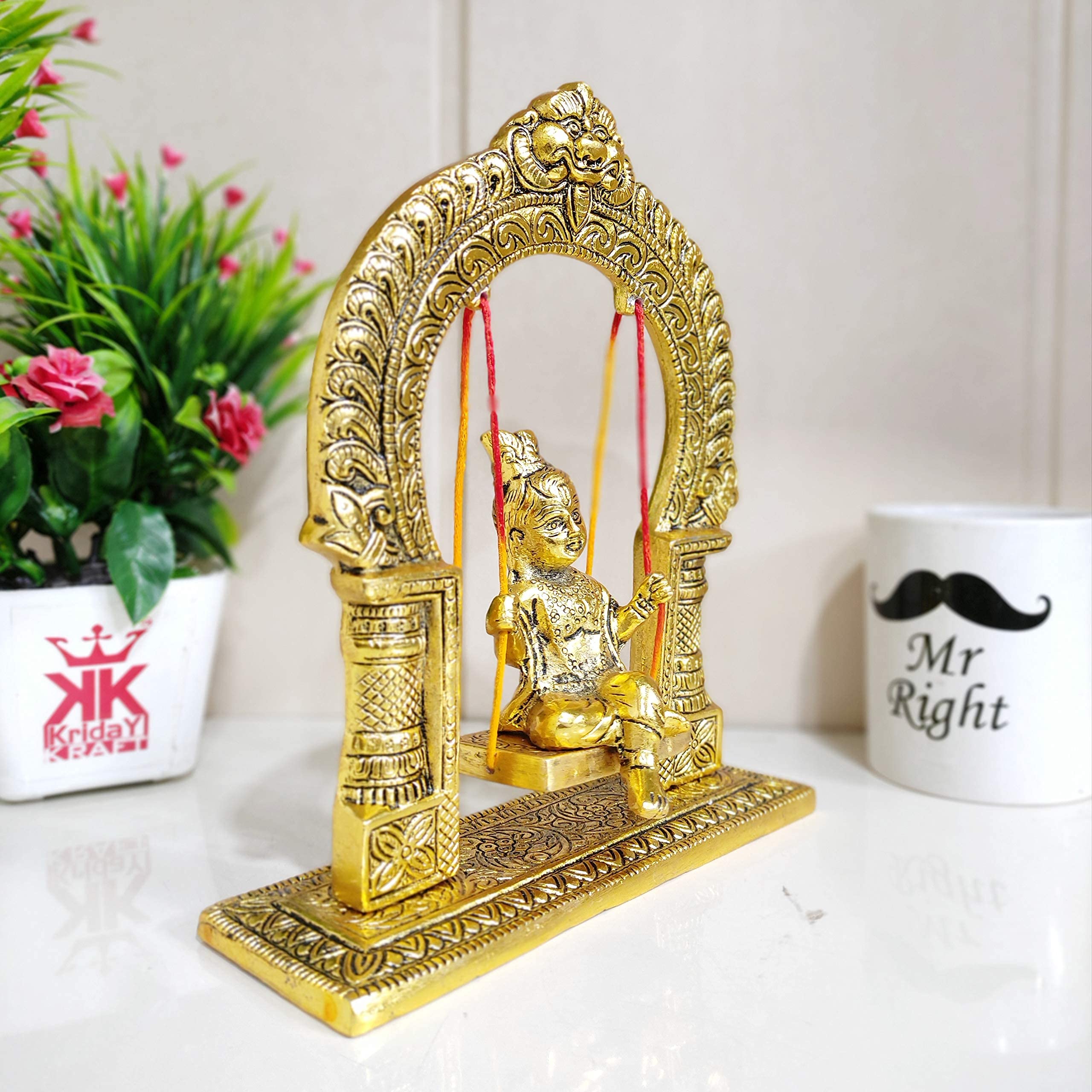 Prince Home Decor & Gifts 9-inch Metal Handicraft Bal Krishna Jhoola Showpiece - Hindu God Statue for Pooja Room, Indian Home Decor & Spiritual Gifting - Perfect for Diwali, Housewarming & Wedding Decorations
