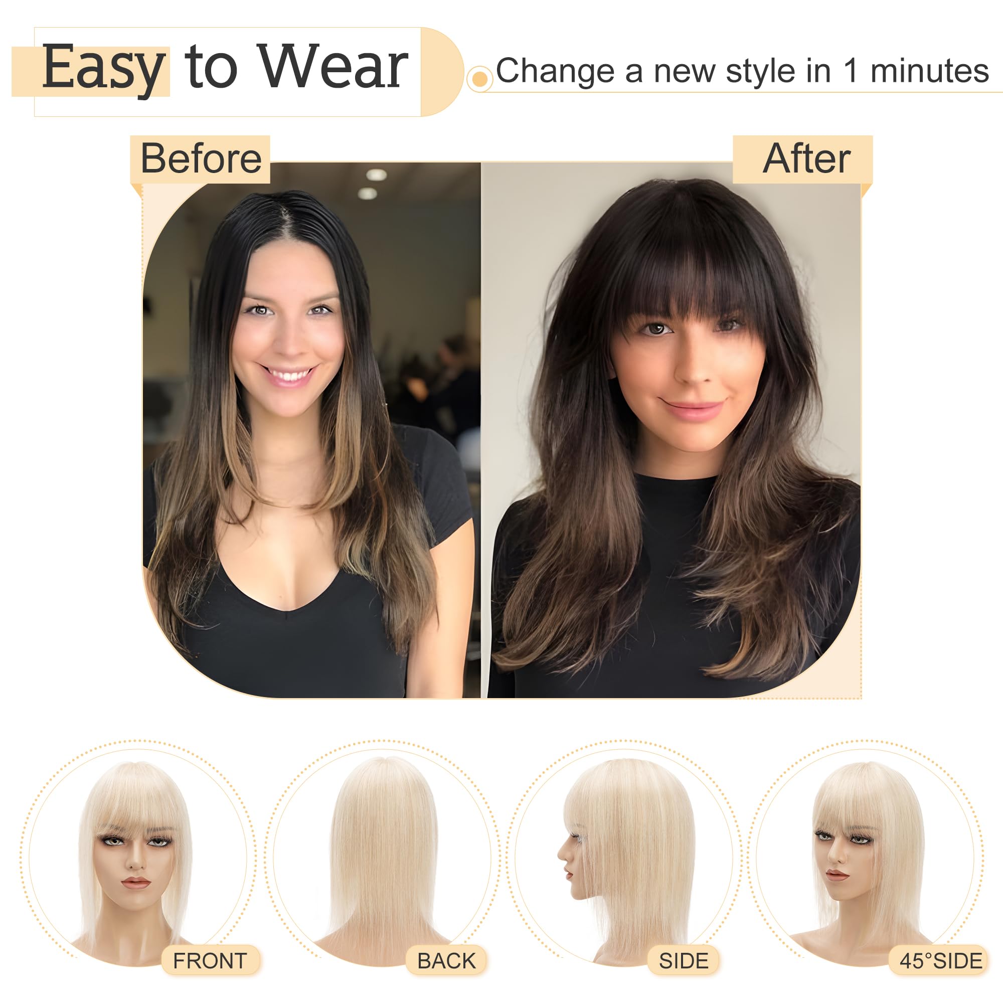 SEGO 7x13cm Silk Base Human Hair Toppers for Women with Bangs - 100% Remy Clip-in Top Wiglet for Thinning Hair (16 Inch, Ash Blonde & Bleach Blonde) | Perfect for Daily Wear, Parties & Special Occasions