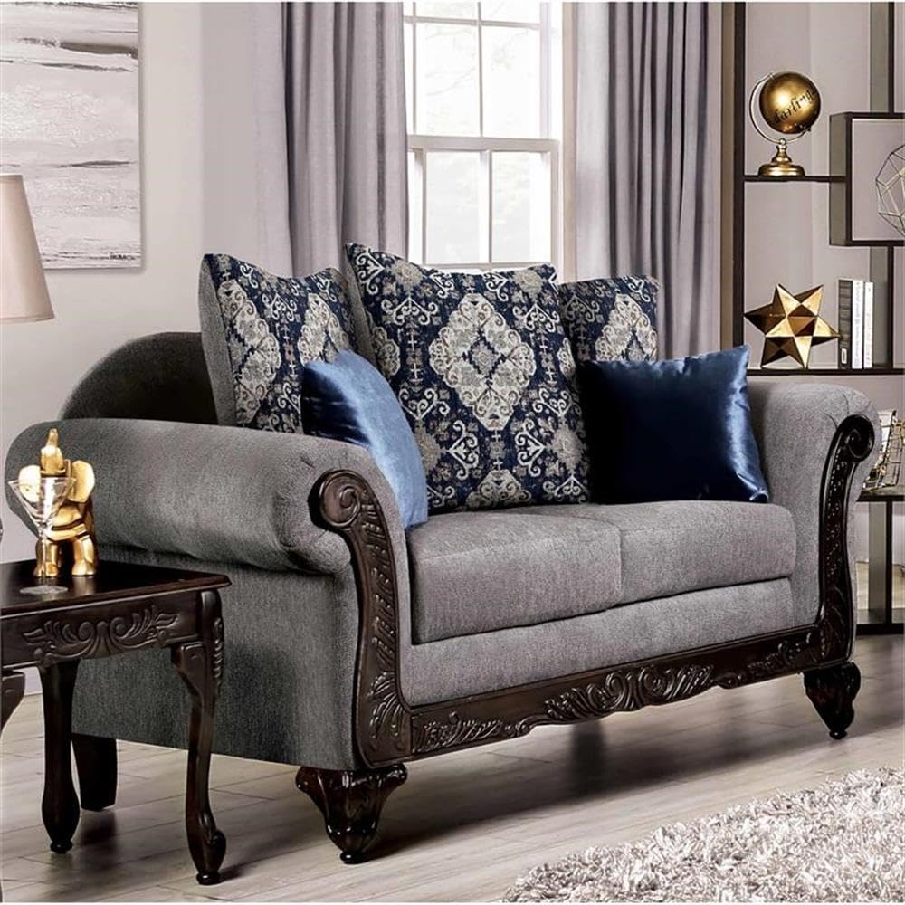 Furniture of America Lantz Traditional Chenille Upholstered Loveseat in Gray - Cozy Two-Seater Sofa for Living Room, Lounge & Small Spaces