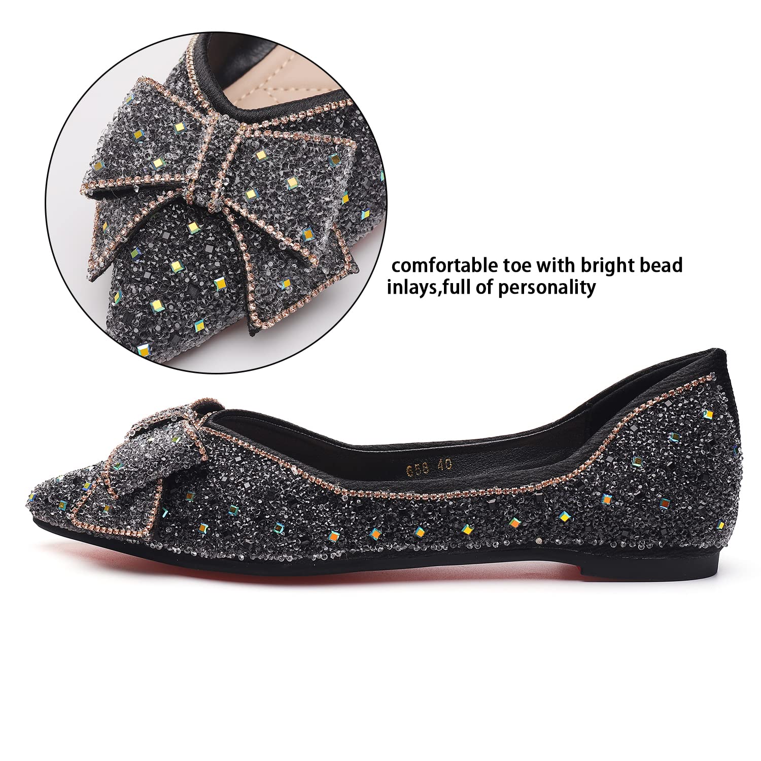 Sparkly Rhinestone Pointed Toe Ballet Flats for Women - Glitter Flower Wedding Dress Shoes Comfortable for Bridal Party, Prom & Evening Events