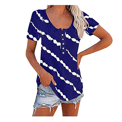 Boho Stripe Print Short Sleeve Tunic Top for Women - Summer Casual Button Down Shirt with Scoop Neck - Perfect for Beach Outfits, Music Festivals & Everyday Wear