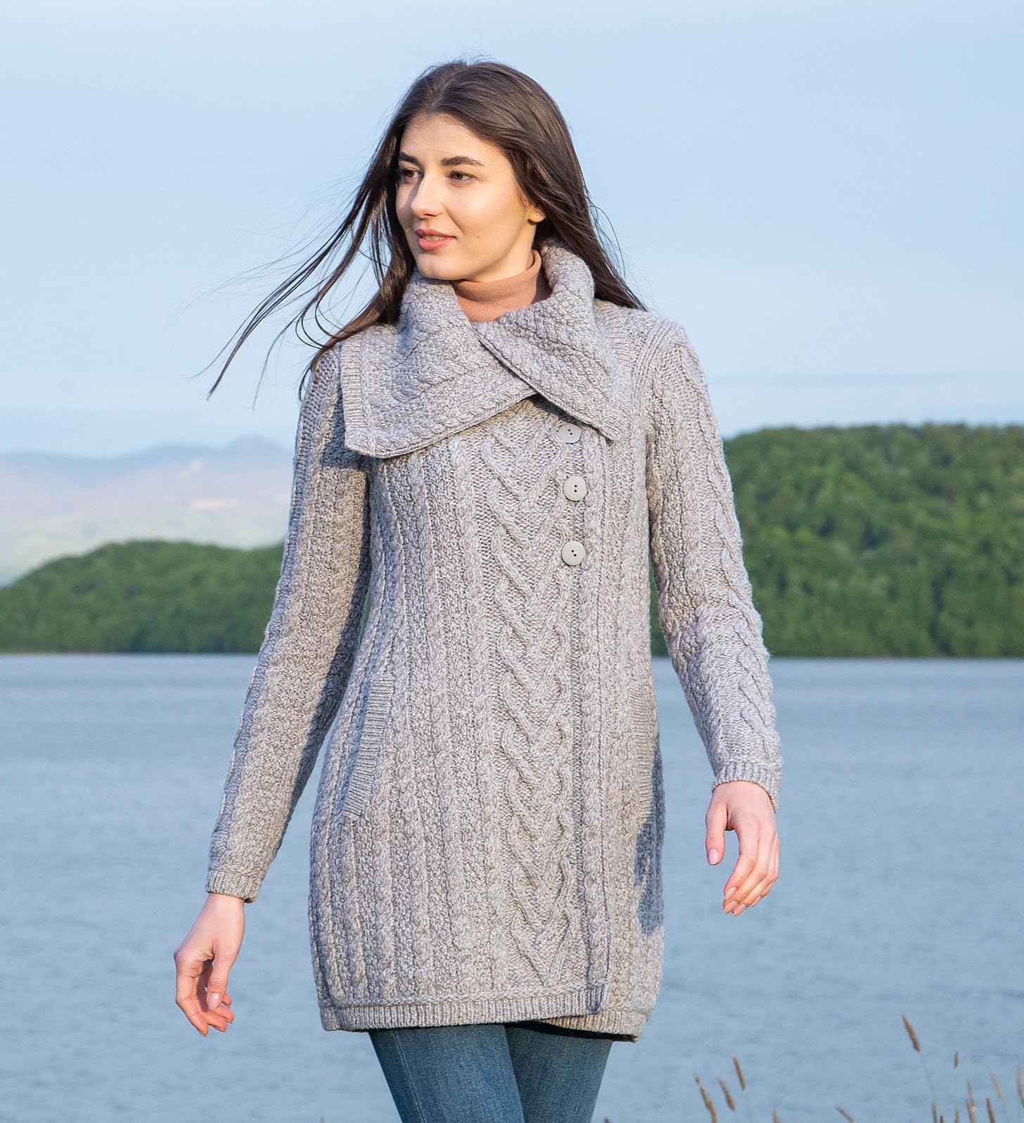 SAOL 100% Merino Wool Women's Classic Cable Knit Cardigan Sweater - Irish Coat with Pockets | Warm Winter Layering for Office, Travel & Casual Outfits
