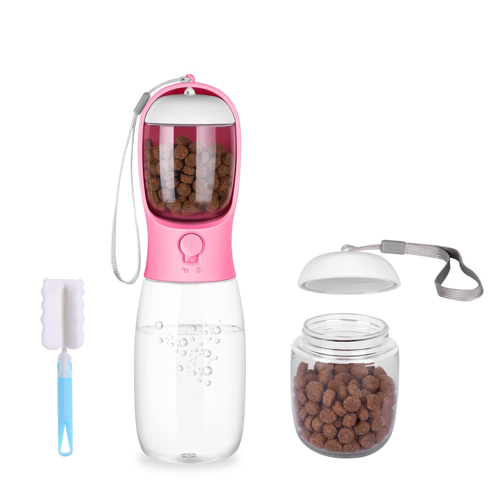 **19OZ Large Dog Water Bottle with Food Container - Portable Travel Water Dispenser for Dogs, Leak-Proof & Easy to Carry - Perfect for Walking, Hiking, and Outdoor Adventures (Pink)**
