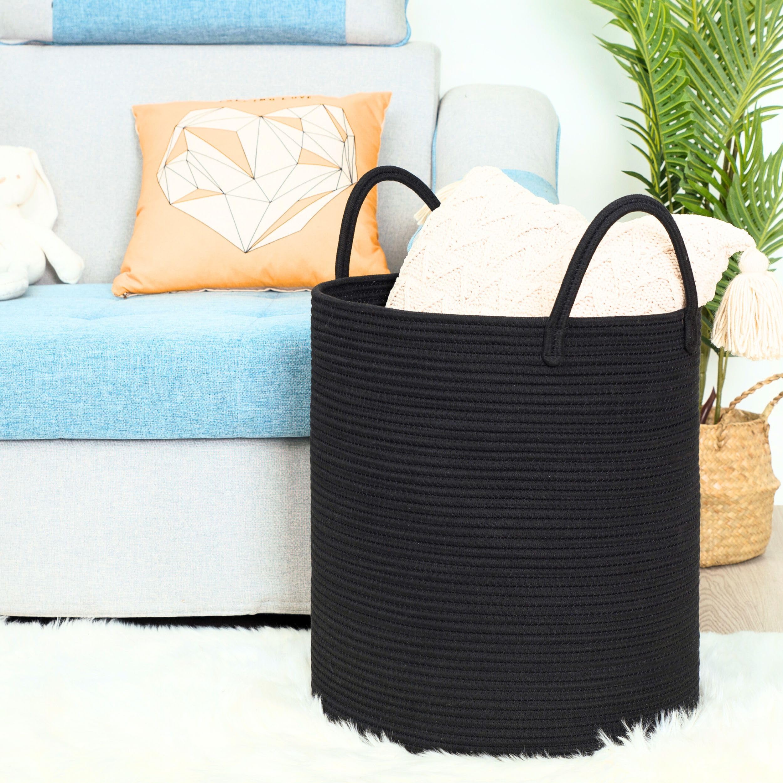 MINTWOOD Large 18x16 Inch Woven Cotton Rope Storage Basket - Black Laundry Hamper, Blanket & Toy Organizer for Living Room, Bedroom, Nursery | Perfect for Towels, Pillows, Throws & Home Decor Storage