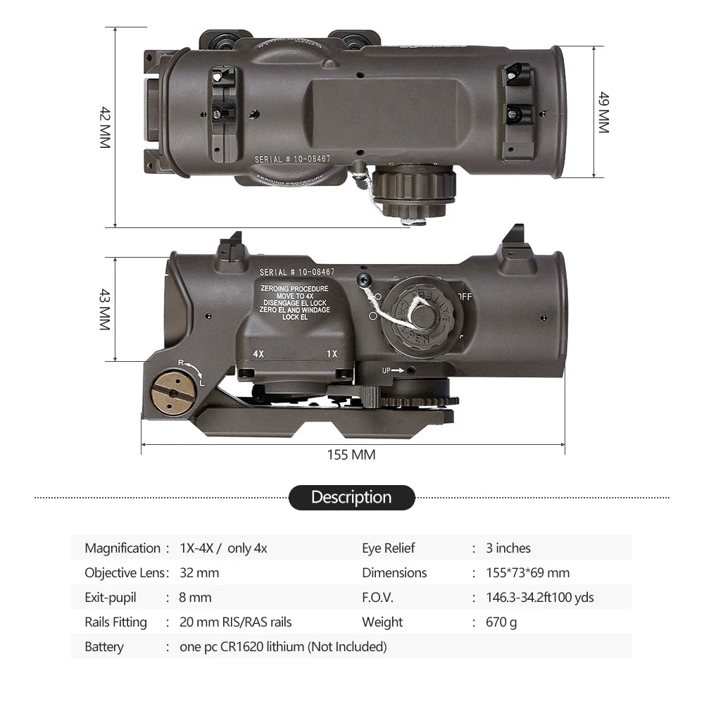 Tactical Rifle Scope 1-4x24 Red Illuminated Dual Purpose Scope with Red Dot Sight - Perfect for Hunting, Shooting & Tactical Use - Includes Rubber Covers for Protection