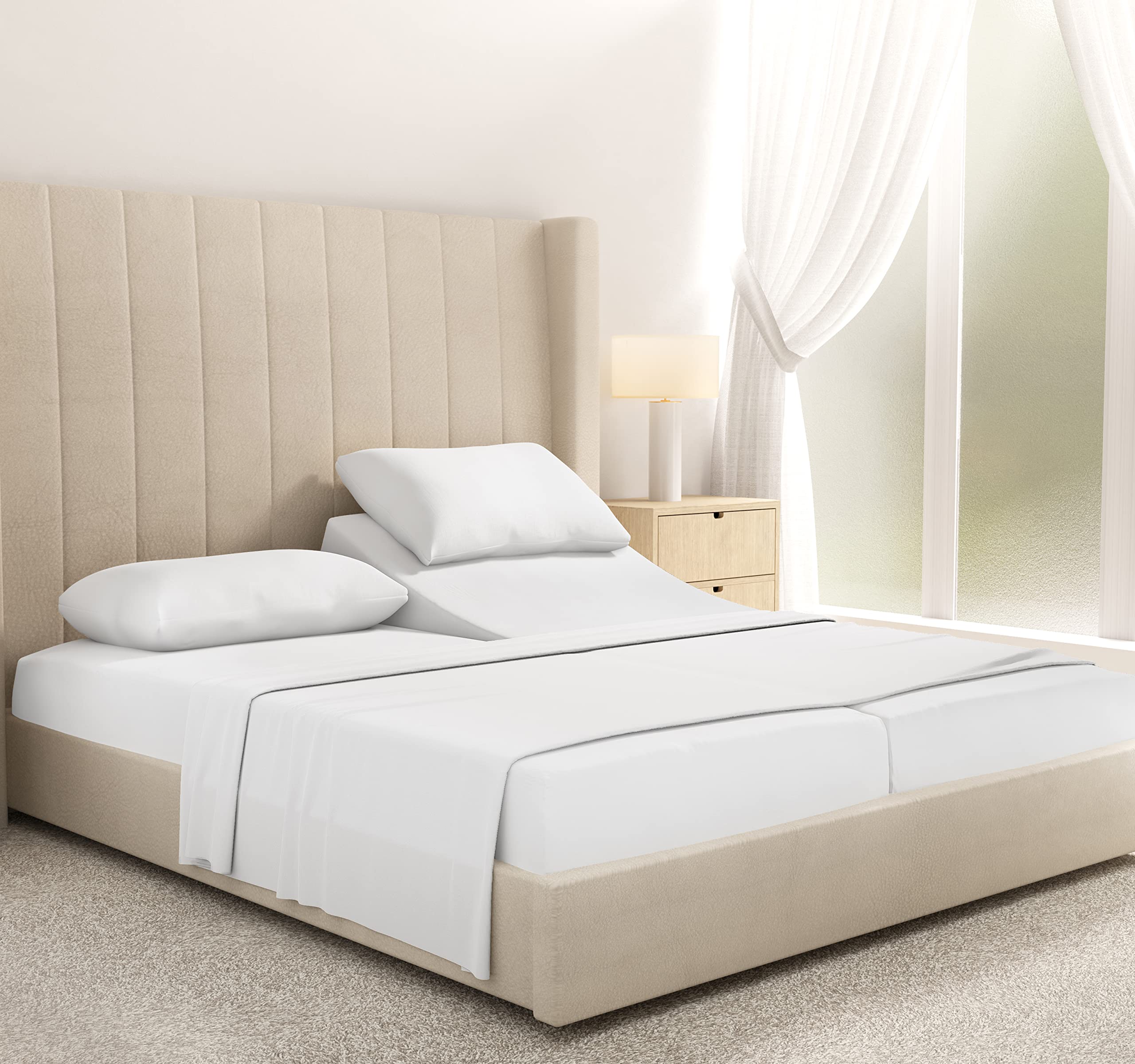 Luxury 600 Thread Count 100% Cotton Split King Sheets Set - 5Pc Soft Sateen Bedding for Adjustable Beds with 2 Twin-XL Fitted Sheets | California Design Den | Premium Cotton Sheets for Ultimate Comfort | Perfect for Master Bedrooms, Guest Rooms & Luxury Hotels (Pure White)