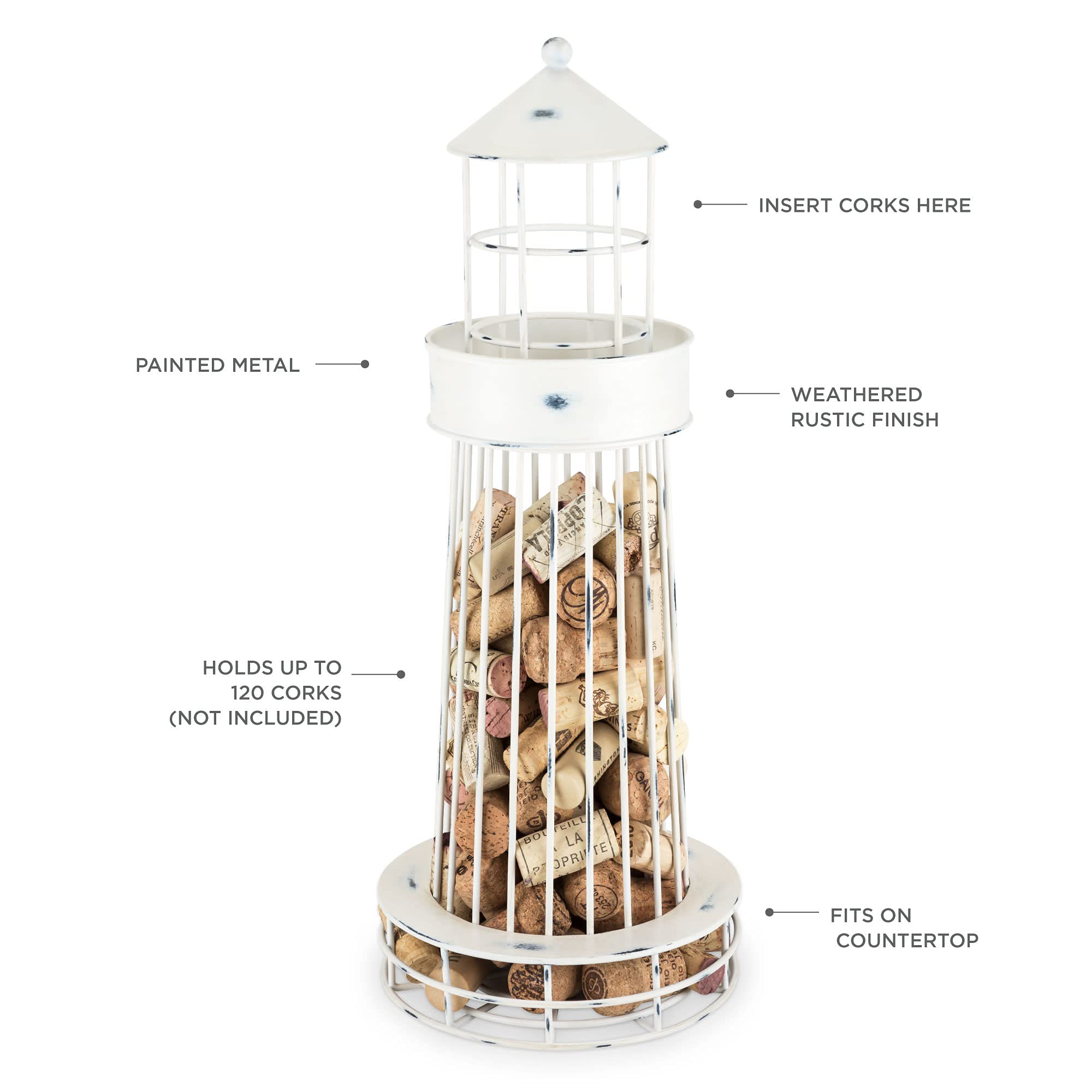 Twine Lighthouse Wine Cork Holder - Rustic Farmhouse Kitchen & Wine Bar Decor - Wine Corks Storage & Collector - Set of 1 in White - Perfect for Home Bars, Wine Cellars & Gift Giving