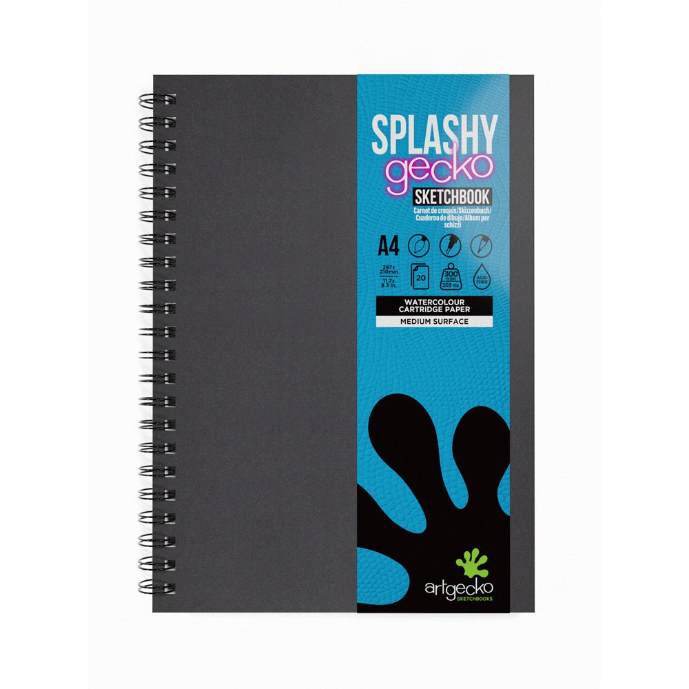 Artgecko Splashy Sketchbook - A4 Size, 40 Pages (20 Sheets), 300gsm Thick White Paper - Perfect for Watercolor, Ink & Mixed Media Art Projects