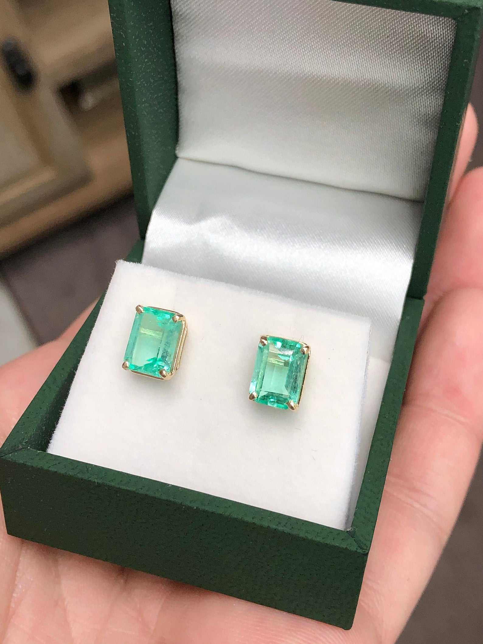 3.0tcw Genuine Colombian Emerald Stud Earrings - Emerald Cut Solitaire 14K Gold Jewelry for Women - Perfect for Weddings, Anniversaries & Special Occasions