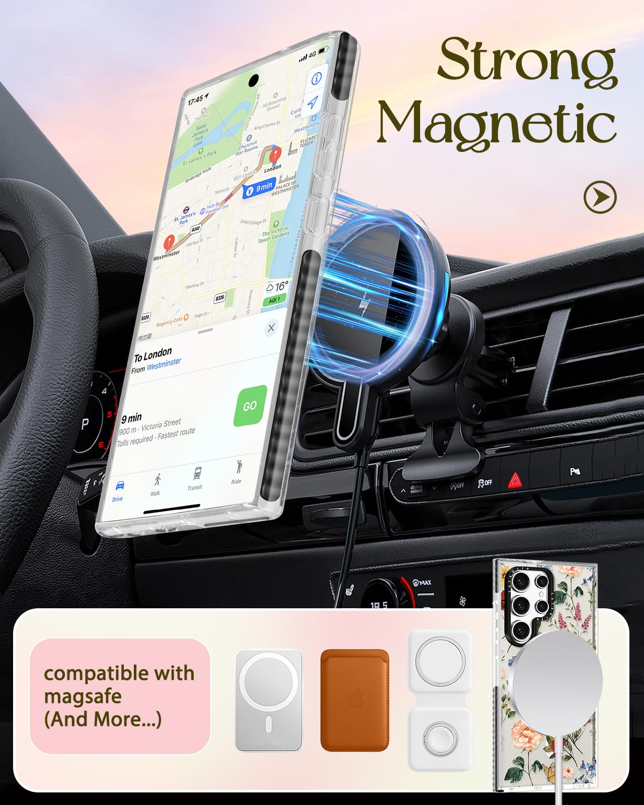 Samsung Galaxy S24 Ultra Case for Women - Cute Floral Magnetic Phone Cover with Magsafe Ring Holder, Retro Aesthetic TPU Protective Case for S24 Ultra - Perfect for Daily Use, Work & Travel