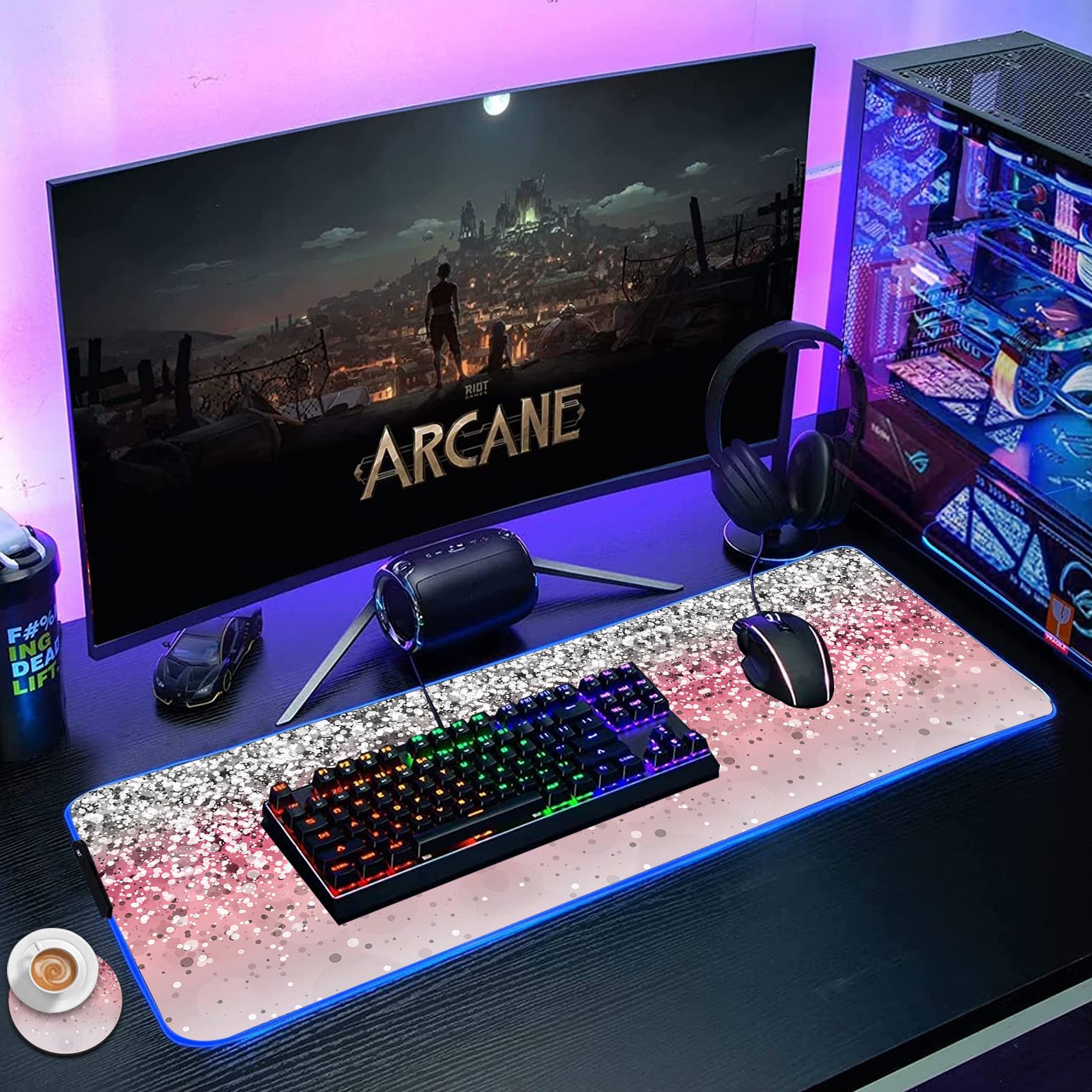 RGB Gaming Mouse Pad with LED Lights - Large Non-Slip Waterproof Desk Mat for Keyboard & Mouse - Pink Sparkles Glitter Pattern - Perfect for PC Gaming, Office Work & Streaming Setup